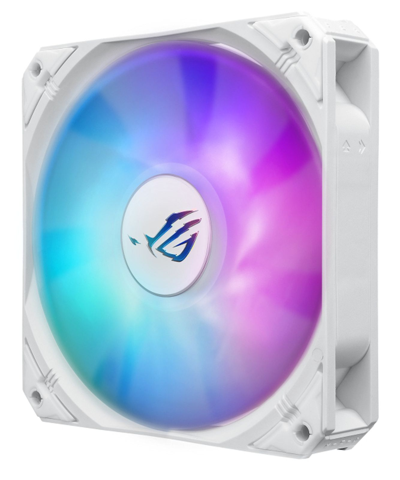 White computer fan with multicolored blades. A logo is in the center. The fan is square-shaped with rounded corners.