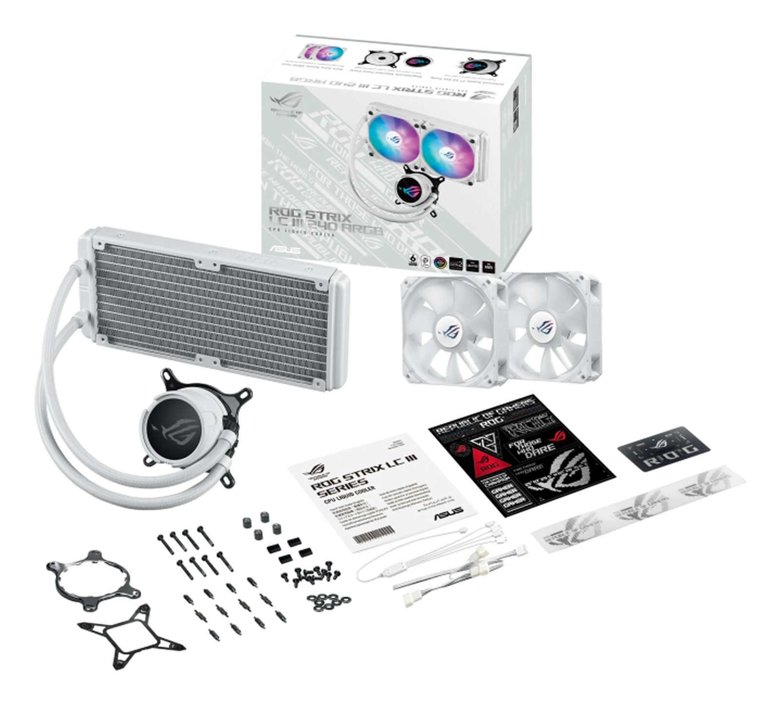 A white ROG Strix LC III 240 ARGB CPU liquid cooler kit. It includes a radiator, fans, pump, and mounting hardware, on a white background.