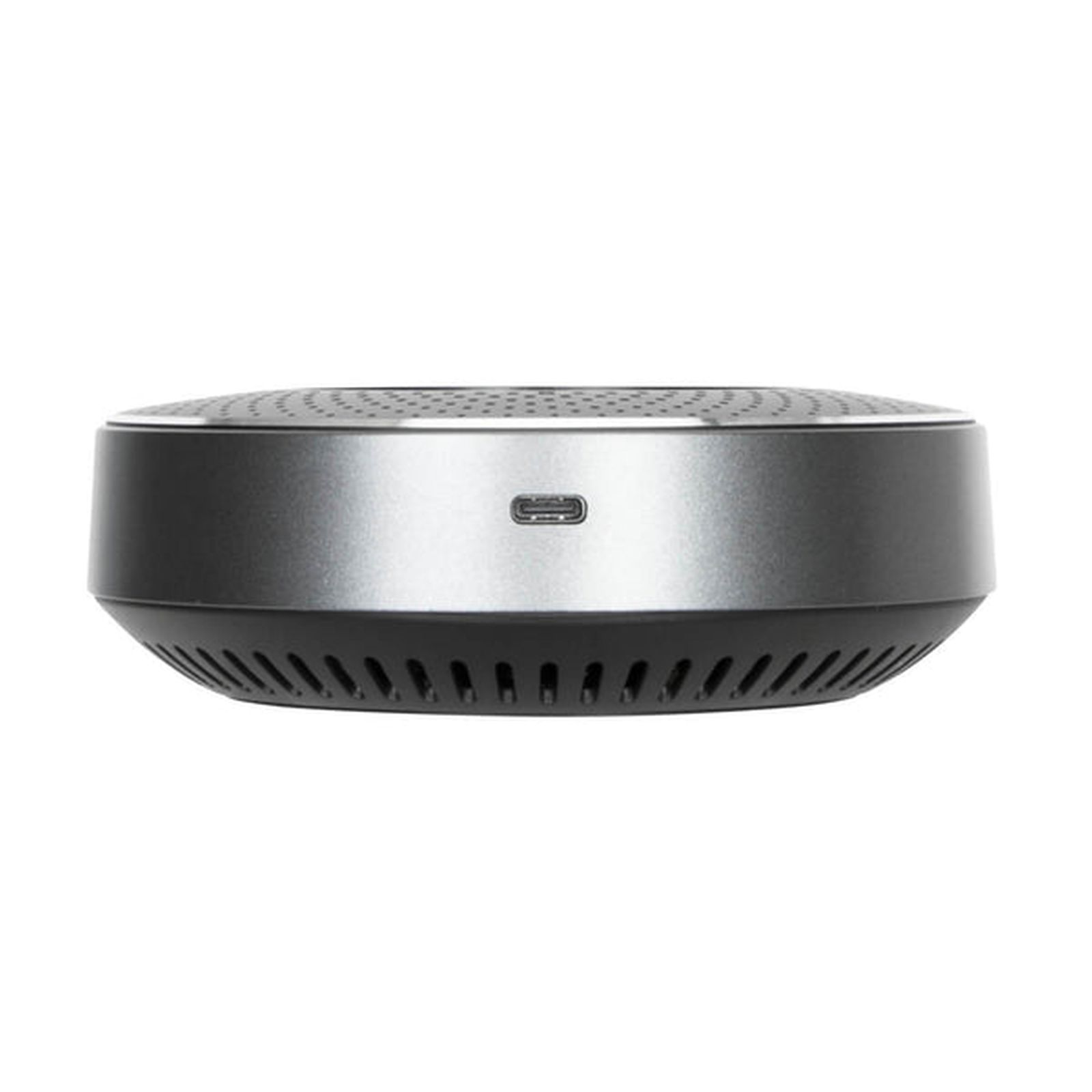 Un dispositivo rotondo grigio con porta USB, parte superiore perforata e base nera ventilata.
