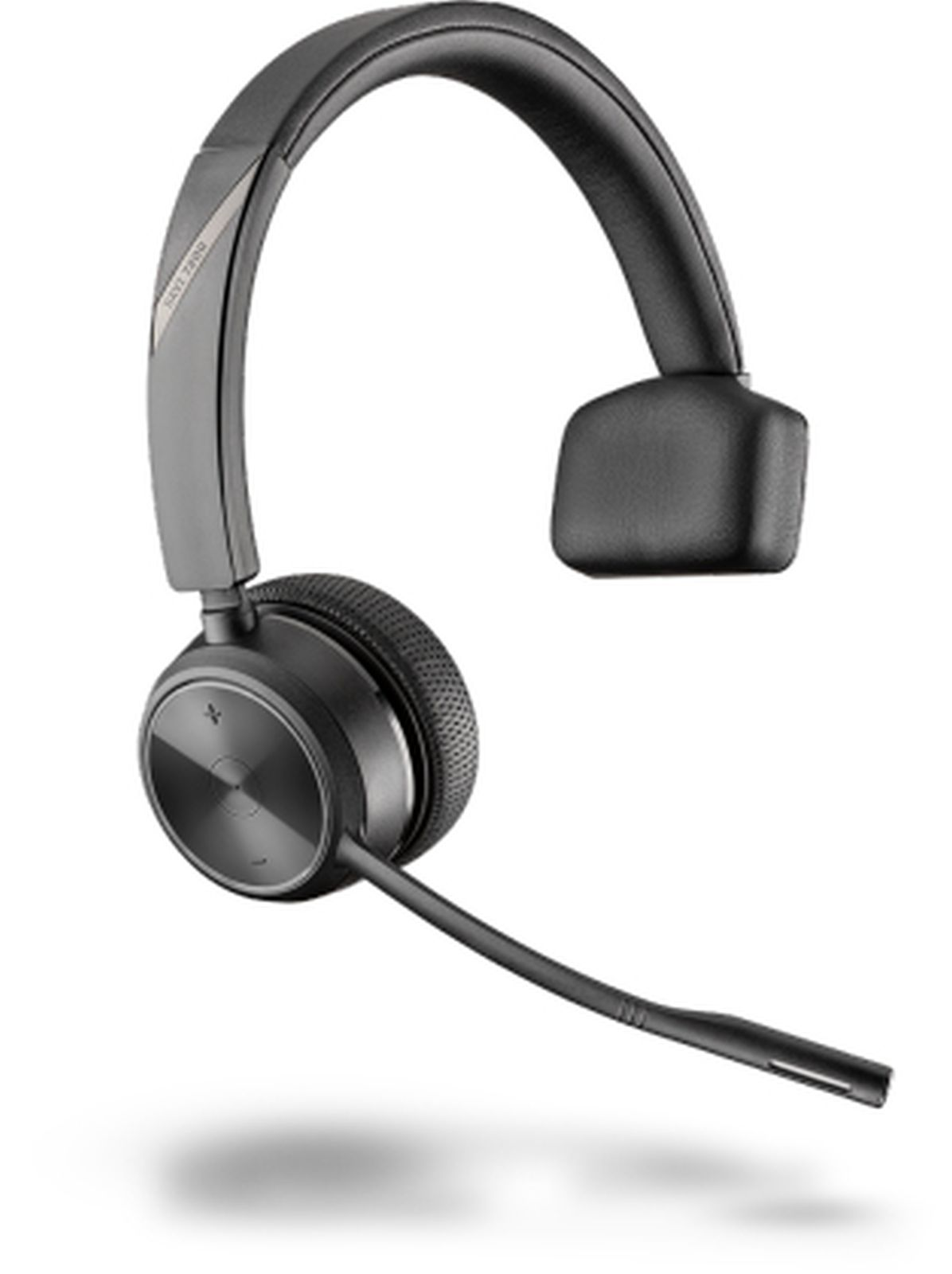 Un casque sans fil noir avec un microphone. Il possède un serre-tête incurvé et un écouteur rond. Le microphone s'étend vers le bas.