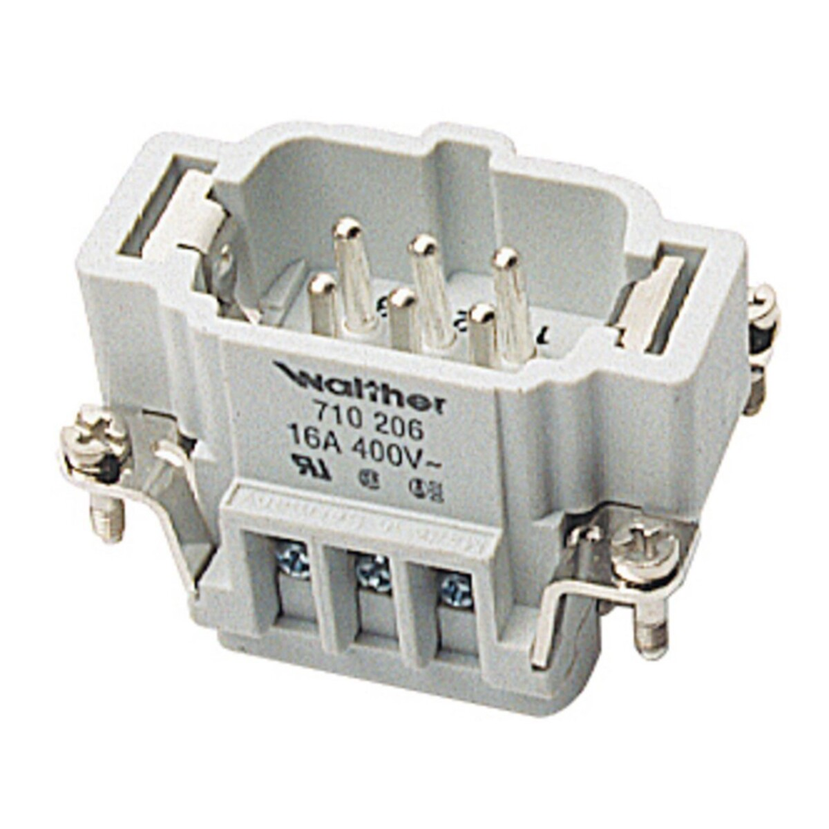 Un connettore elettrico grigio con pin, il marchio 'Walther' e le specifiche tecniche sono visibili su sfondo bianco.