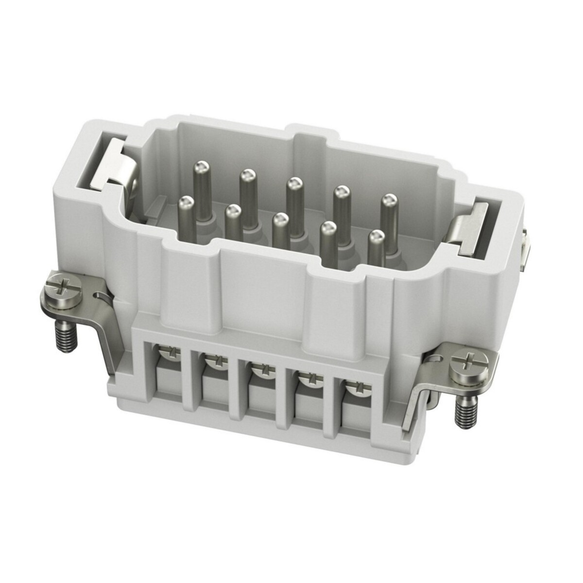 Un connettore elettrico grigio con più pin. Ha viti metalliche e un corpo in plastica con aperture rettangolari.