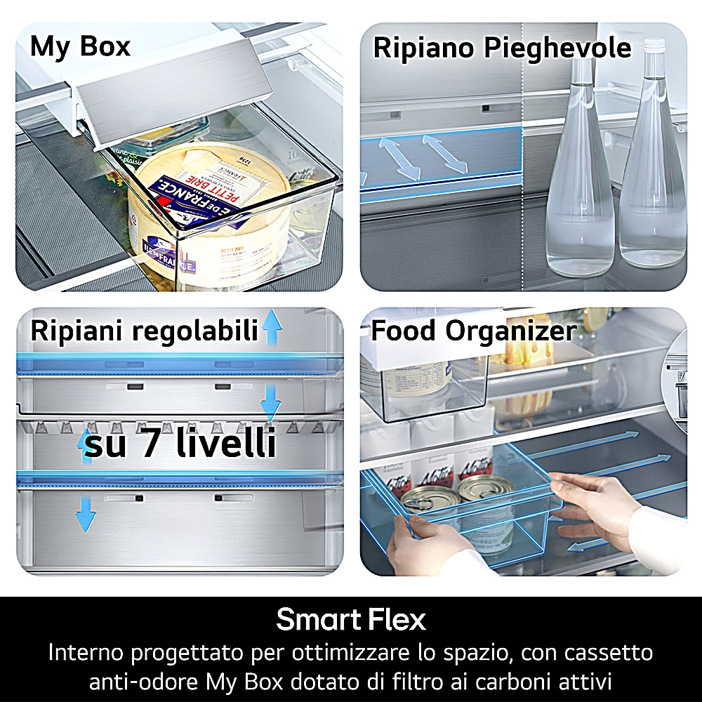 Interno del frigorifero con sezioni etichettate 'My Box', 'Ripiano Pieghevole', 'Ripiani regolabili' e 'Food Organizer'. Include cibo e bottiglie.