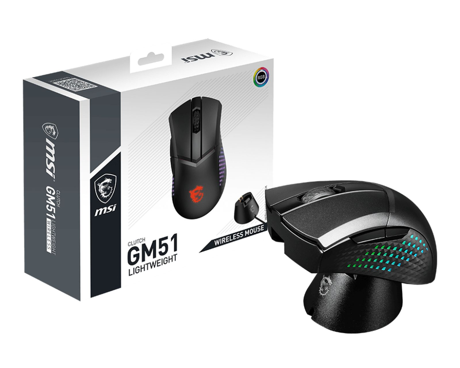 Czarna bezprzewodowa mysz gamingowa MSI Clutch GM51 z pudełkiem. Mysz jest na białej powierzchni.