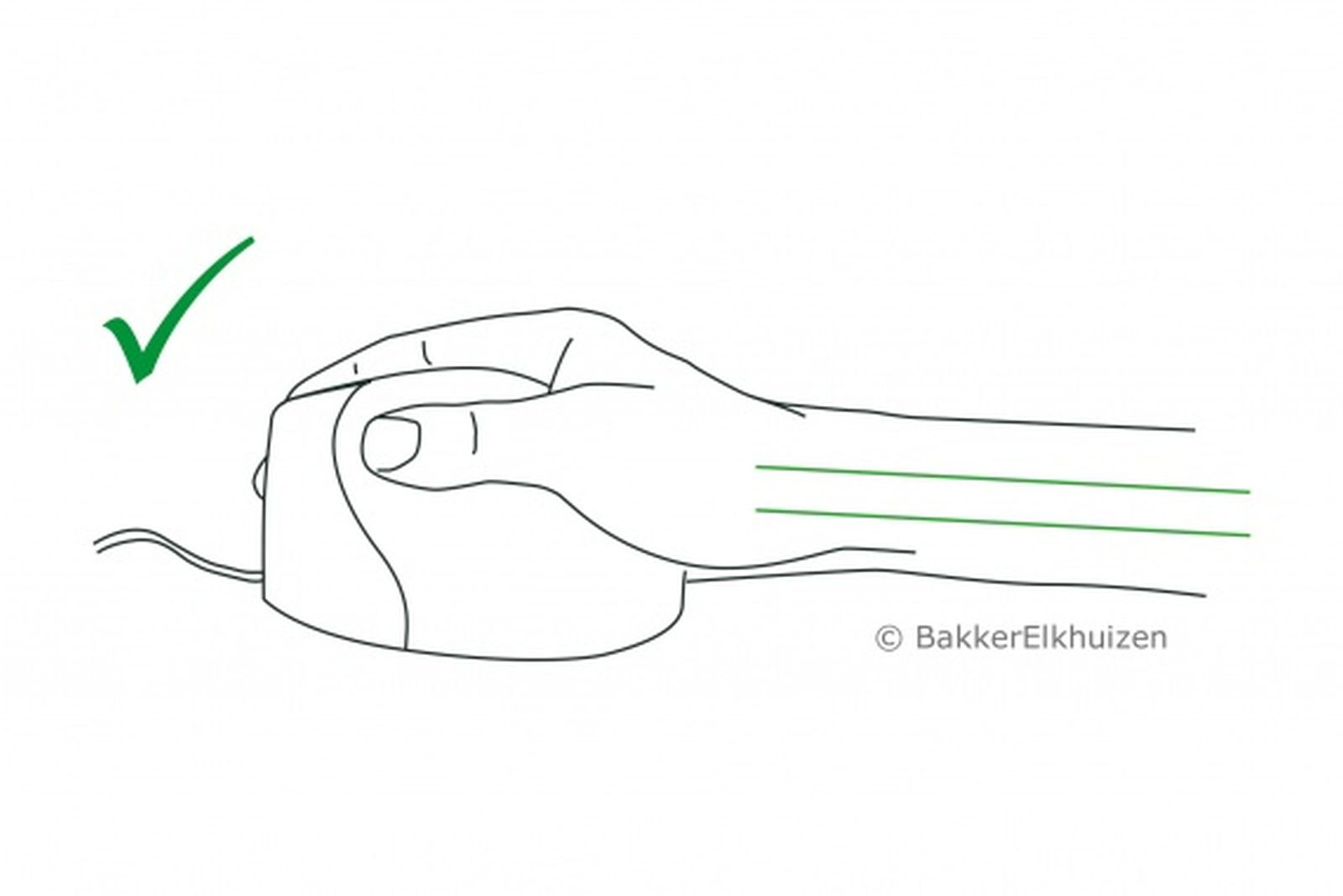 Een hand die een muis gebruikt met een groen vinkje, polslijnen en het BakkerElkhuizen-logo.