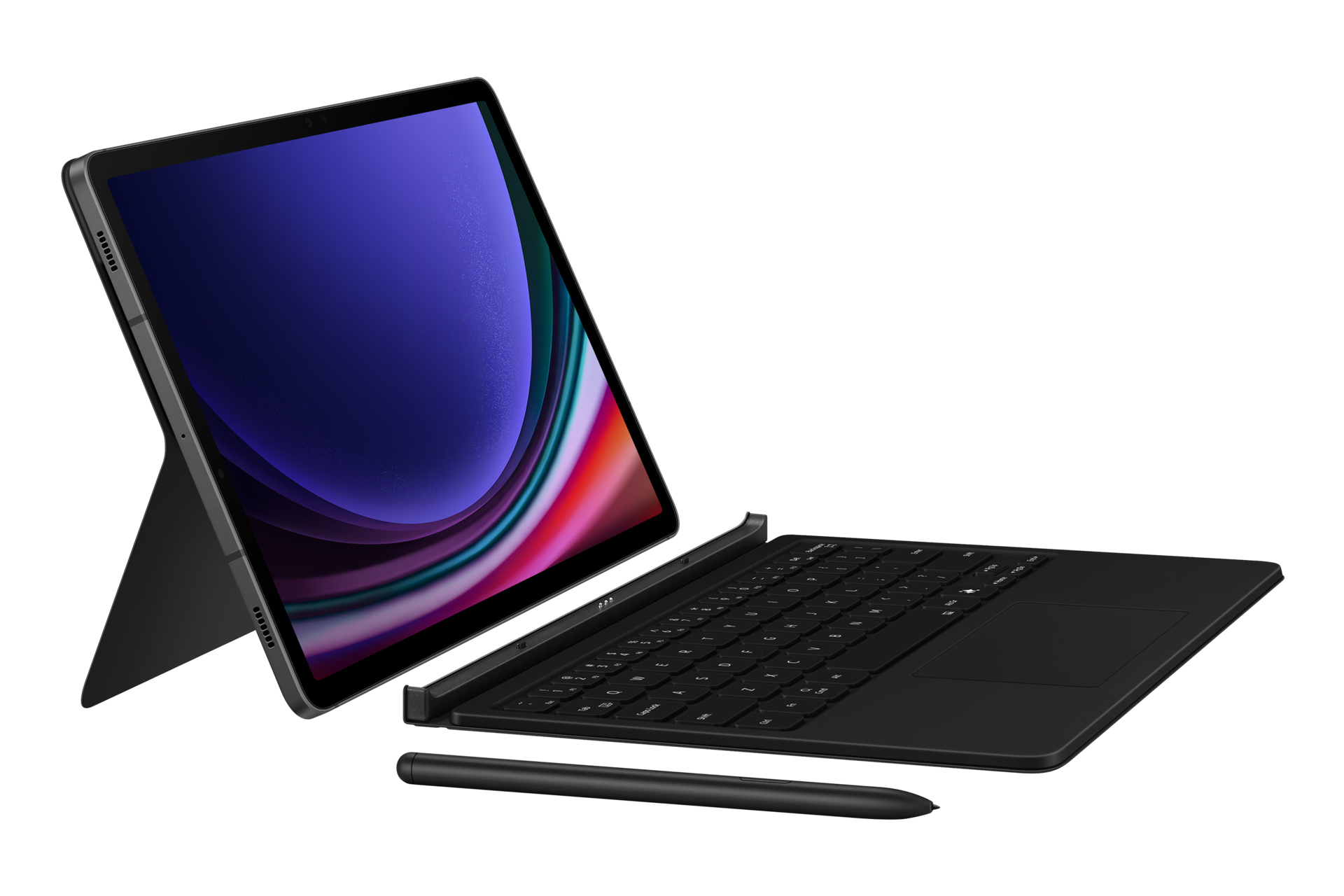 Schwarzes Tablet mit Tastatur und Stift. Der Tablett-Bildschirm zeigt ein farbenfrohes abstraktes Bild. Alles auf weißem Hintergrund.