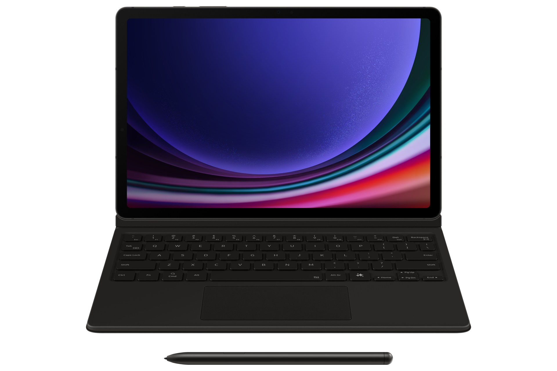 Schwarzes Tablet mit Tastatur, Stift und farbenfrohem Bildschirm. Der Bildschirm zeigt abstrakte Formen und Farben.