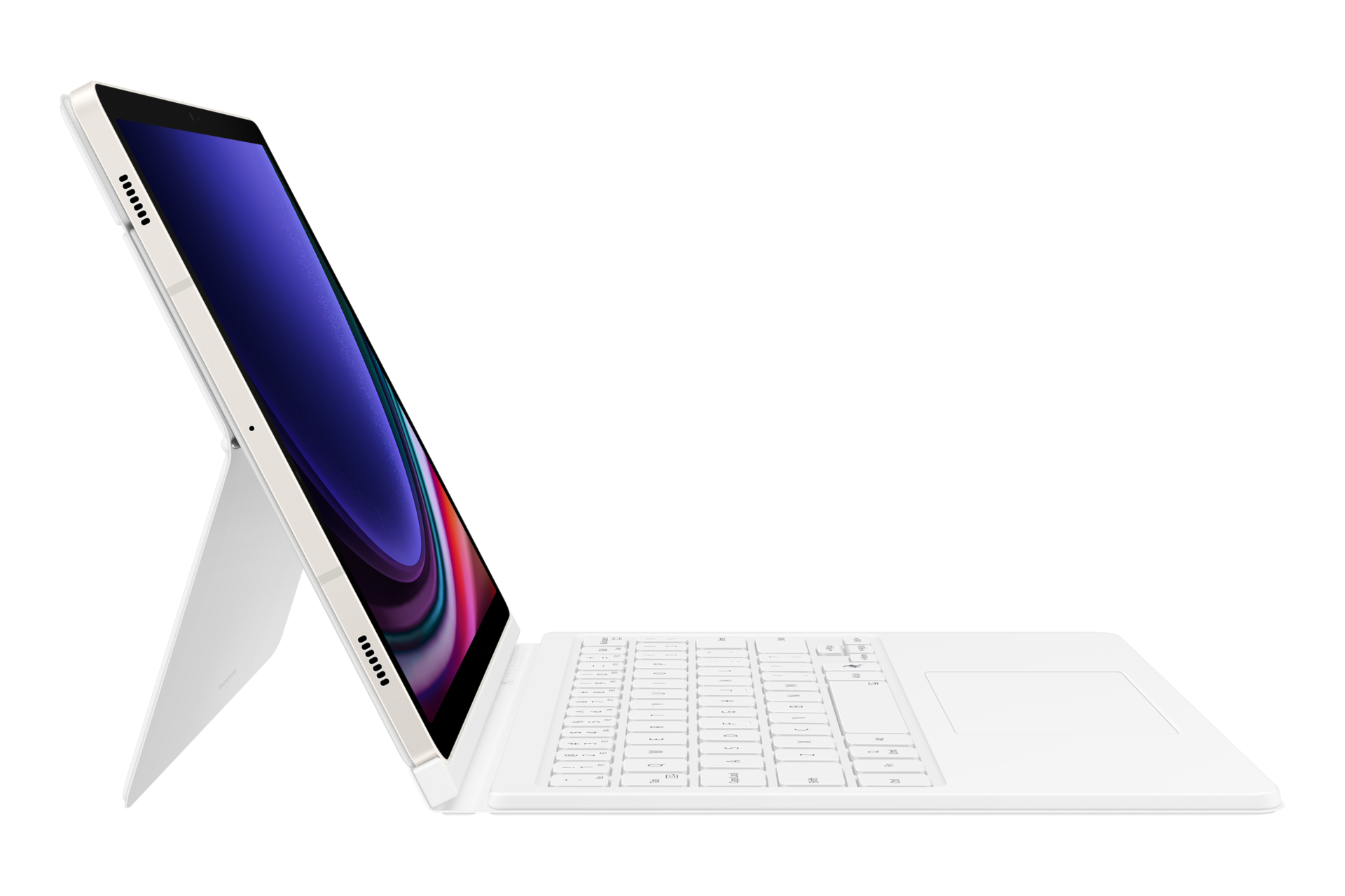 Tablet bianco con tastiera collegata, aperto ad angolo. Lo schermo mostra un'immagine astratta colorata. Sfondo bianco.