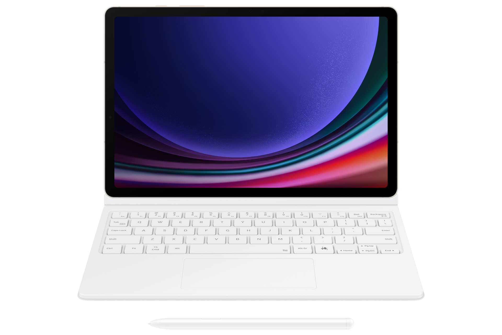 Un tablet bianco con tastiera e stilo. Lo schermo mostra un'immagine astratta colorata. L'allestimento è su una superficie bianca.