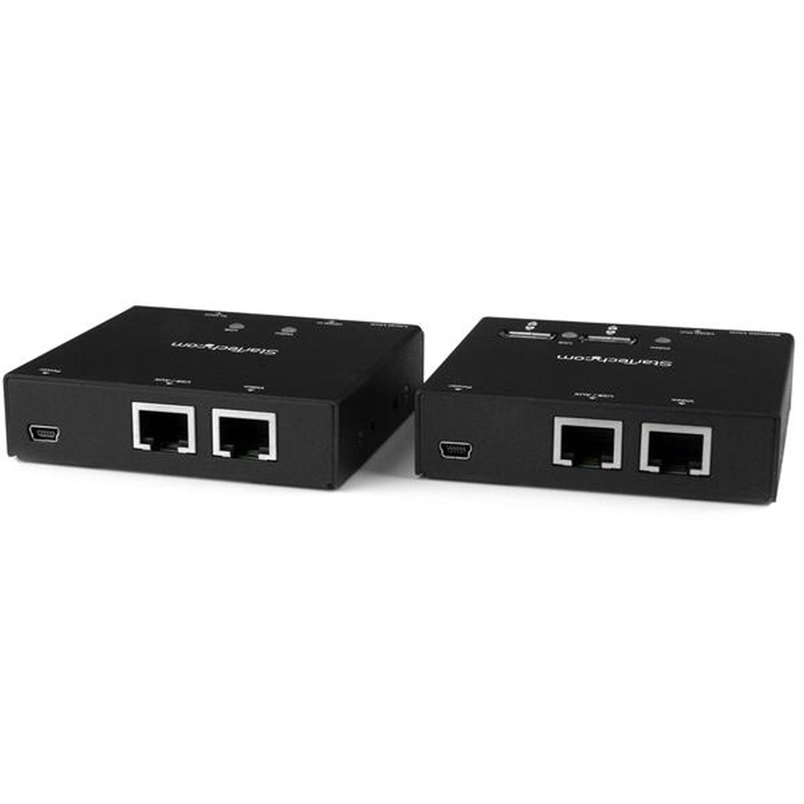 Dos dispositivos de red negros con múltiples puertos e indicadores, sobre fondo blanco.
