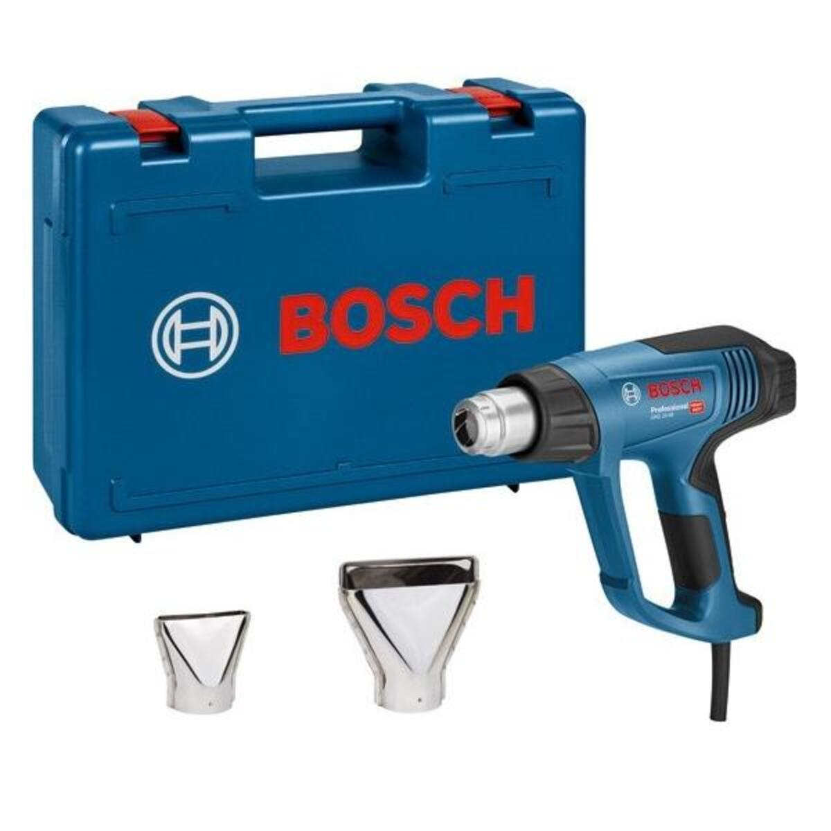 Mavi bir Bosch ısı tabancası, çanta ve iki nozül. Çanta kırmızı saplı mavidir. Bosch logosu görünür.