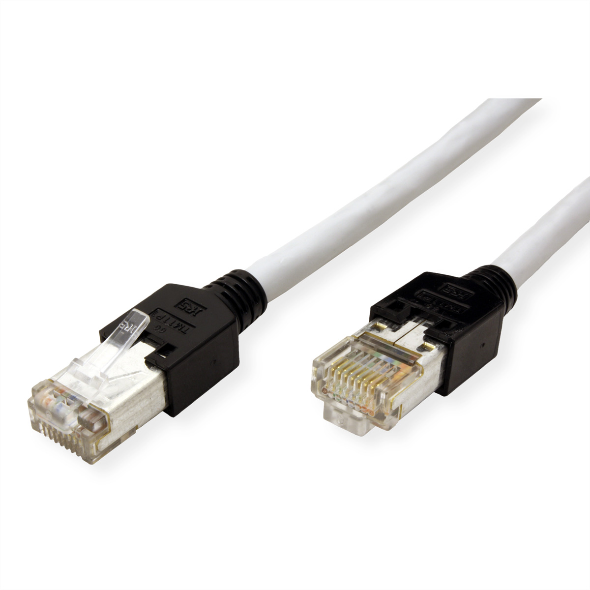 Two RJ45 network cables. Each has a white cable, black connector, and a transparent plastic clip. The background is white.