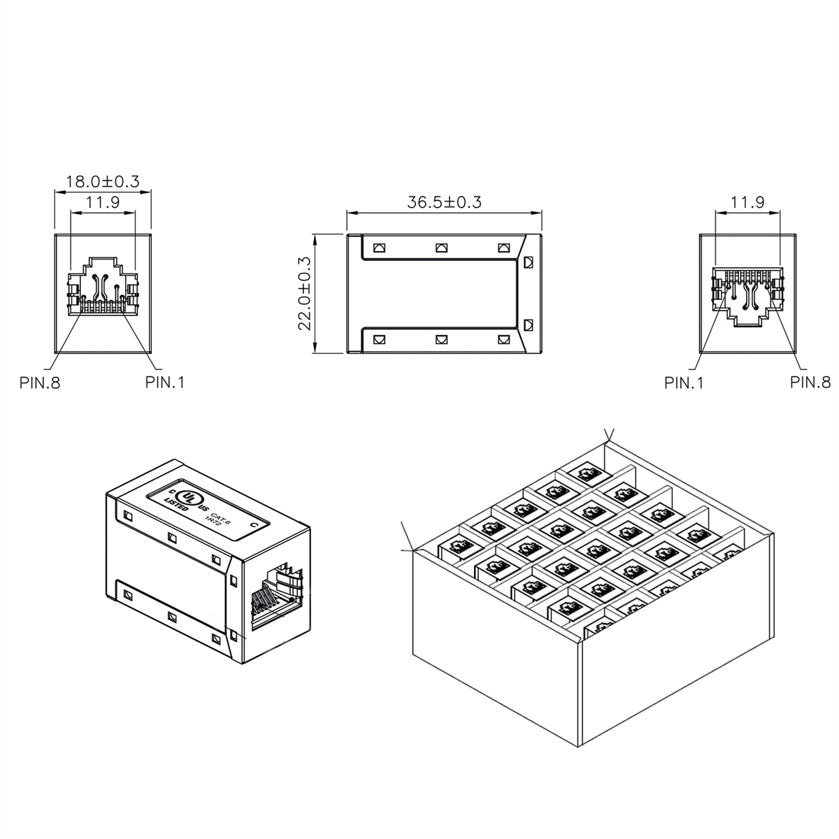 Disegno tecnico che mostra vari componenti e dimensioni dei connettori di rete. Include viste dall'alto, laterali e isometriche.
