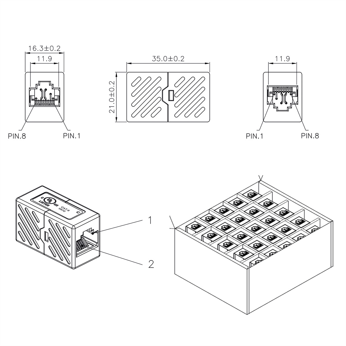 Diagramm von RJ45-Steckern mit Abmessungen und einem Block von Steckern. Enthält Vorder-, Seiten- und Draufsichten mit Beschriftungen.