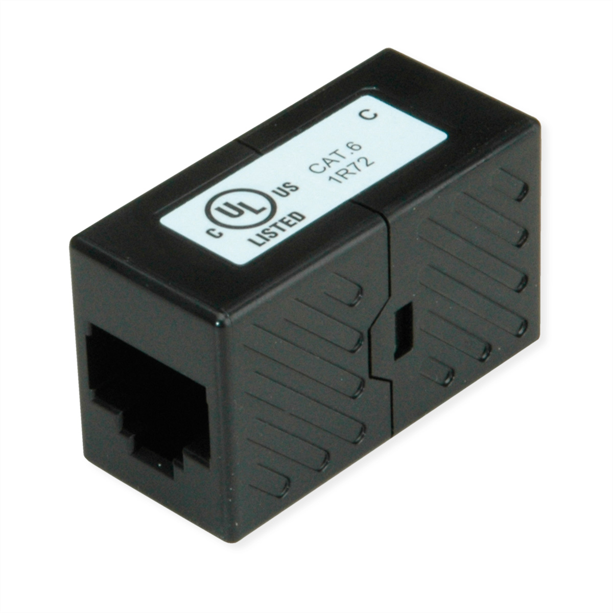 Ein schwarzer RJ45-Kuppler mit der Aufschrift 'US LISTED CAT 6 1R72'. Er hat eine rechteckige Form mit Anschlüssen an beiden Enden.