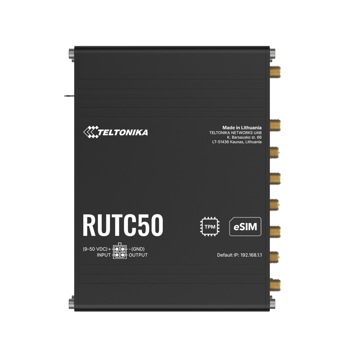 Schwarzes RUTC50-Gerät mit goldenen Anschlüssen, Teltonika-Logo und Text, der seine Funktionen und die Adresse des Unternehmens angibt.