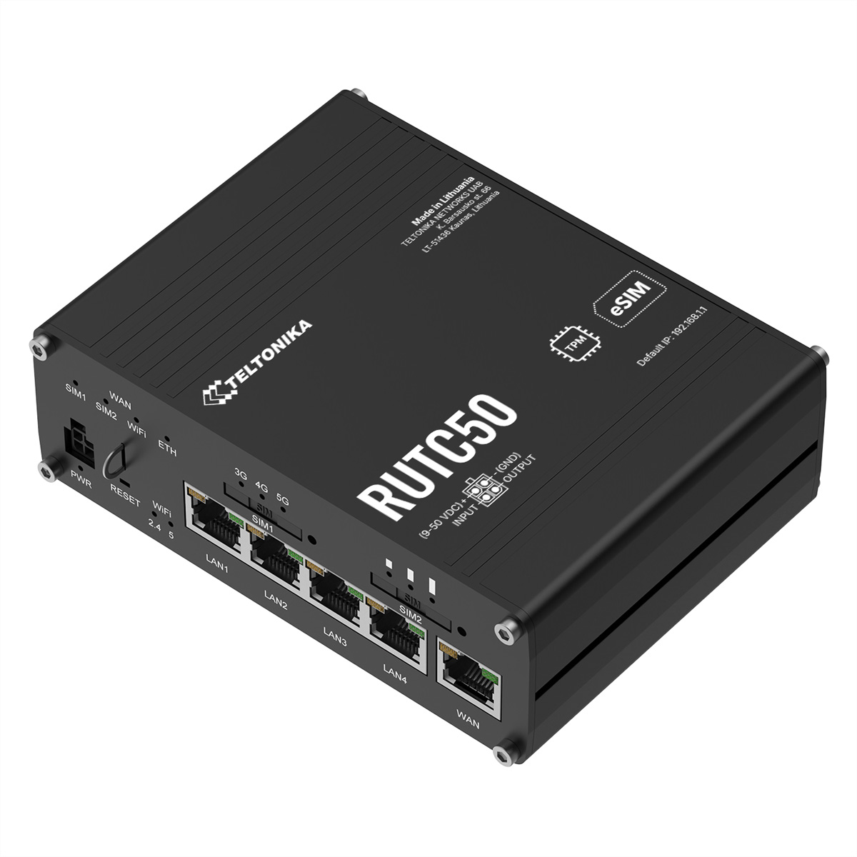 Ein schwarzer Teltonika RUTC50 Router. Er hat Anschlüsse für SIM, WAN, WiFi und Ethernet. Text enthält 'Made in Lithuania' und 'eSIM'.