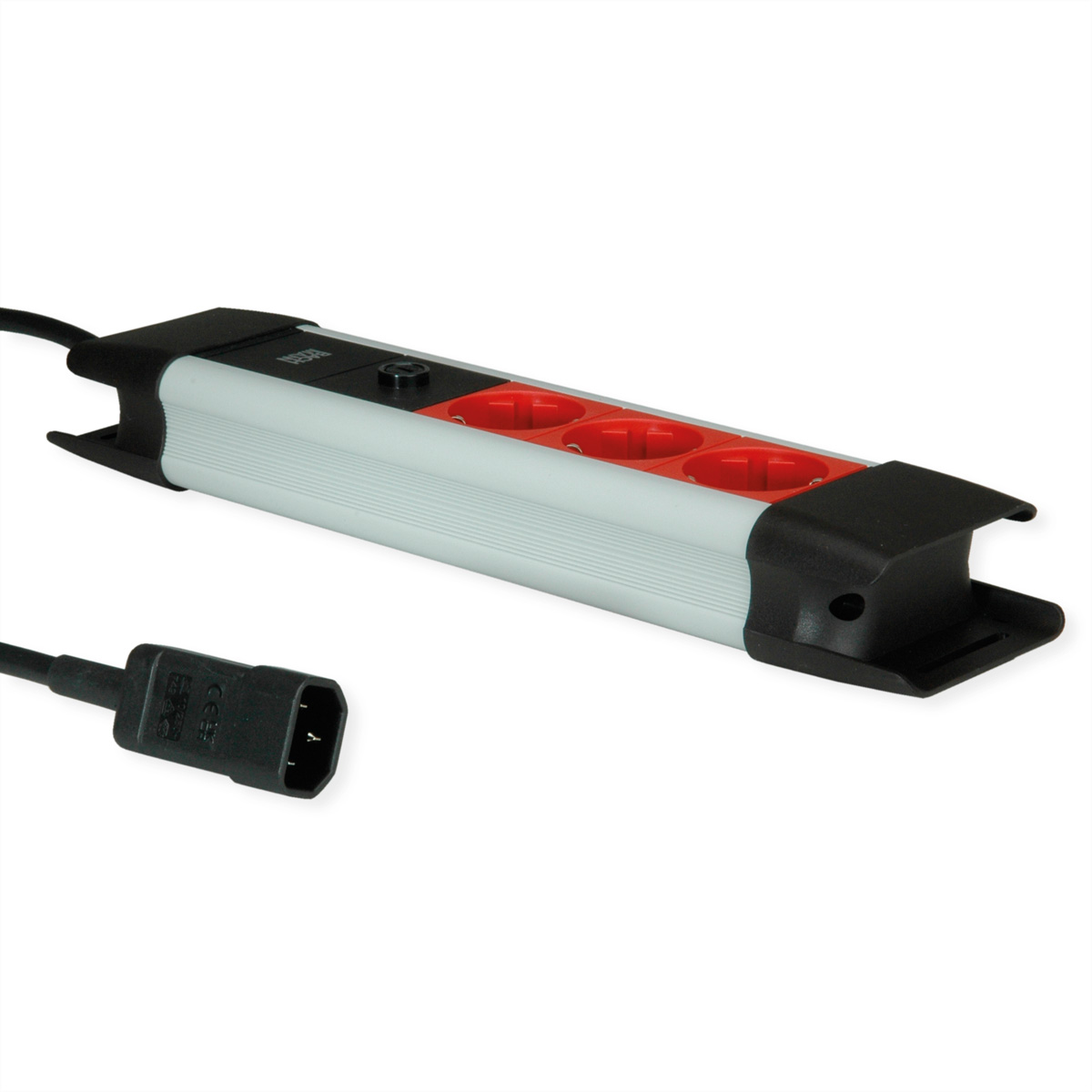 Eine silberne Steckdosenleiste mit drei roten Steckdosen und einem schwarzen Stecker. Die Steckdosenleiste befindet sich auf weißem Hintergrund.