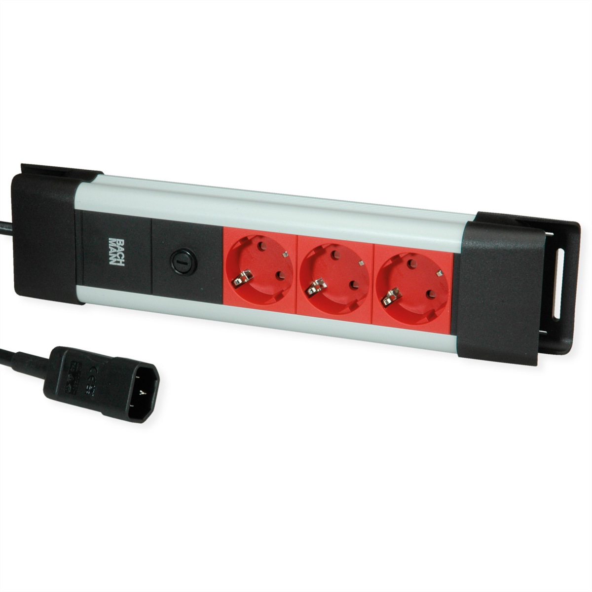 Eine Steckdosenleiste mit drei roten Steckdosen, einem schwarzen Ein-/Ausschalter und einem schwarzen Netzkabel.