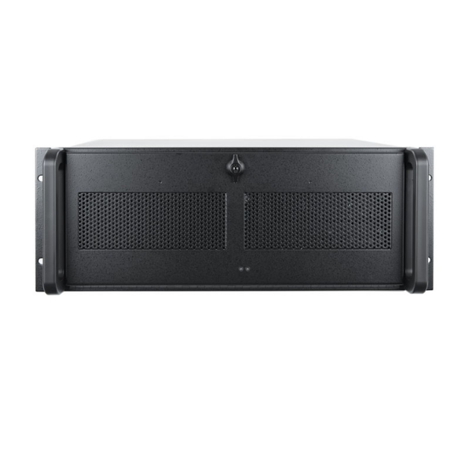 Vue de face d'un rack serveur noir avec poignées et grilles d'aération, isolé sur fond blanc.