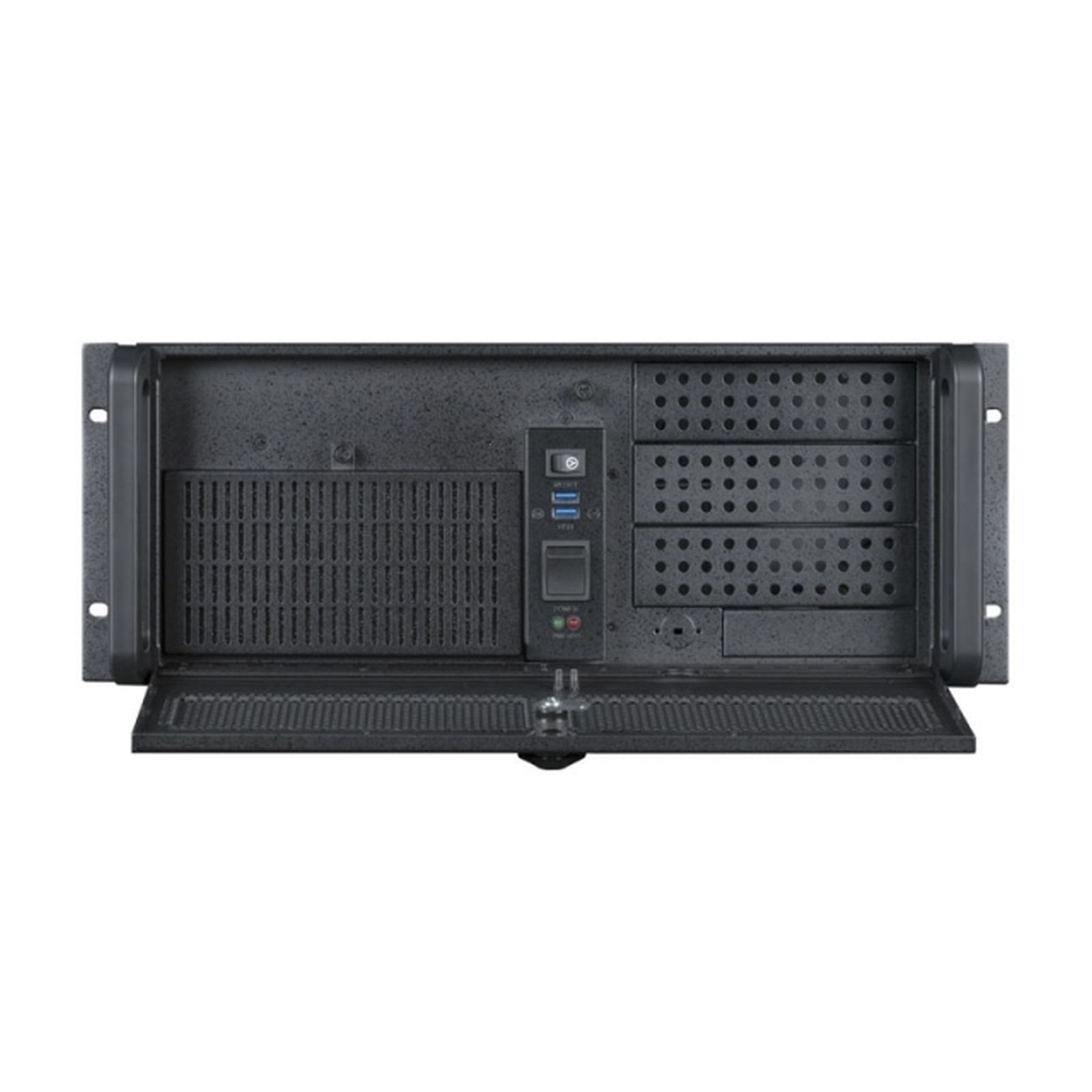 Boîtier de serveur informatique noir avec panneau avant ouvert, montrant composants internes et fentes de ventilation.
