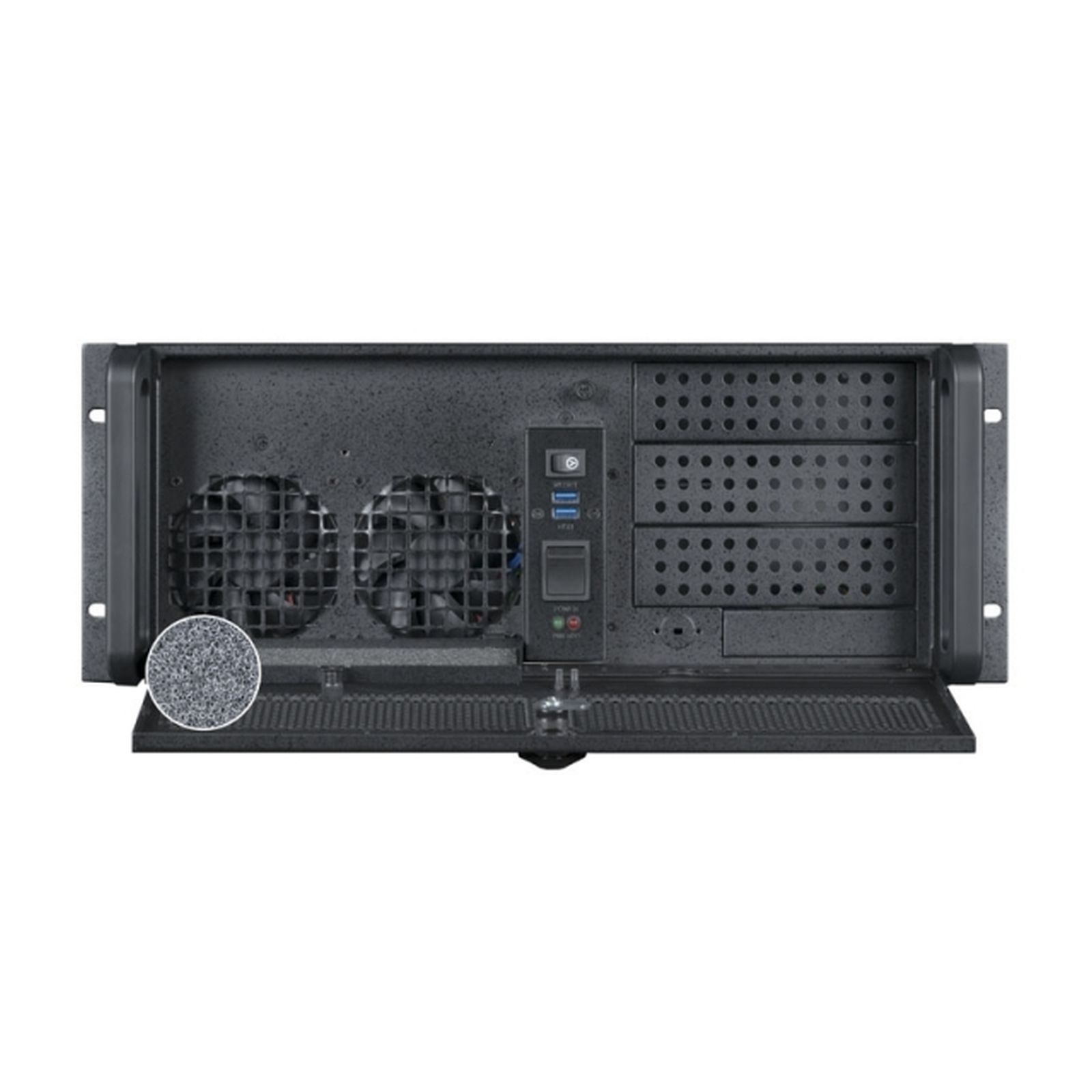 Vue de face d'un boîtier d'ordinateur noir. Comprend des ventilateurs, des boutons d'alimentation, des ports USB et une porte qui s'ouvre vers le bas.