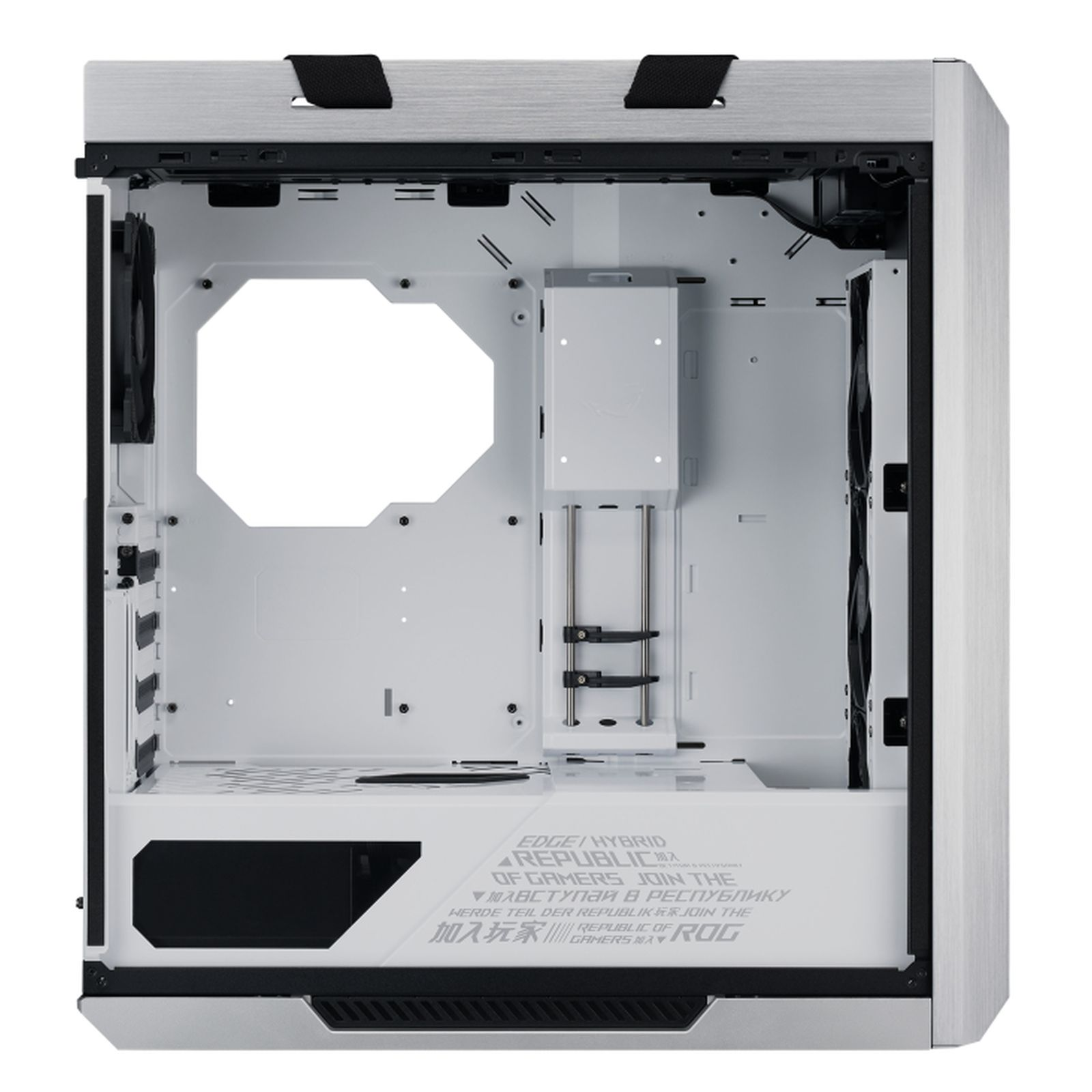 Interno di un case per computer bianco vuoto con esterno argentato. Include un grande ritaglio, supporti per ventole e testo in basso.