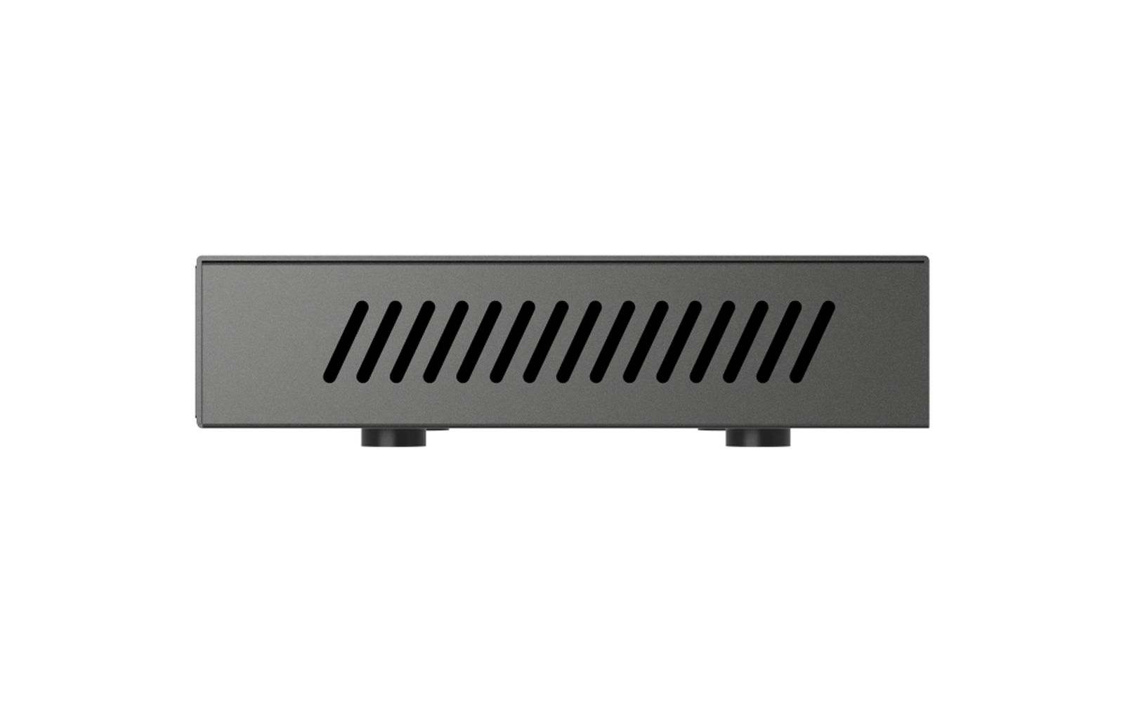 Szare prostokątne urządzenie. Ma serię ukośnych szczelin na górze i dwa małe okrągłe podpory na dole.