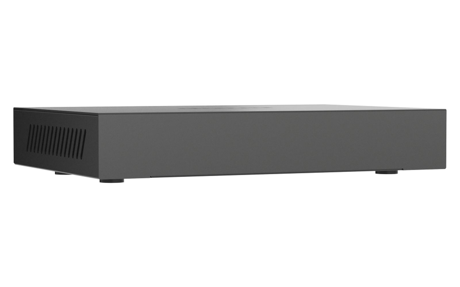 Ciemnoszare prostokątne urządzenie z otworem wentylacyjnym po lewej, czterema małymi nóżkami i gładką górną powierzchnią.