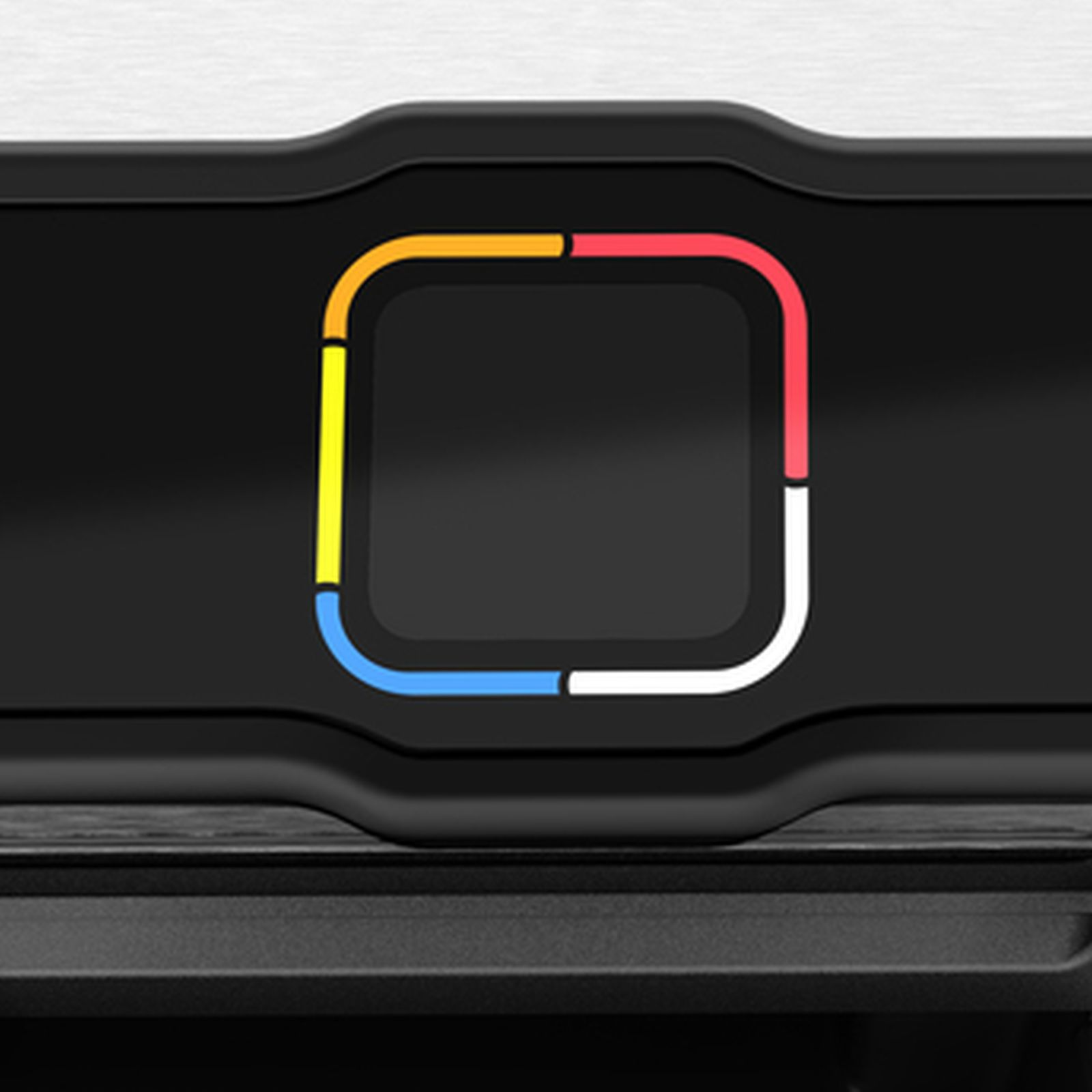 Czarna powierzchnia z kwadratowym, kolorowym obrysem. Kolory to żółty, pomarańczowy, czerwony, biały i niebieski.