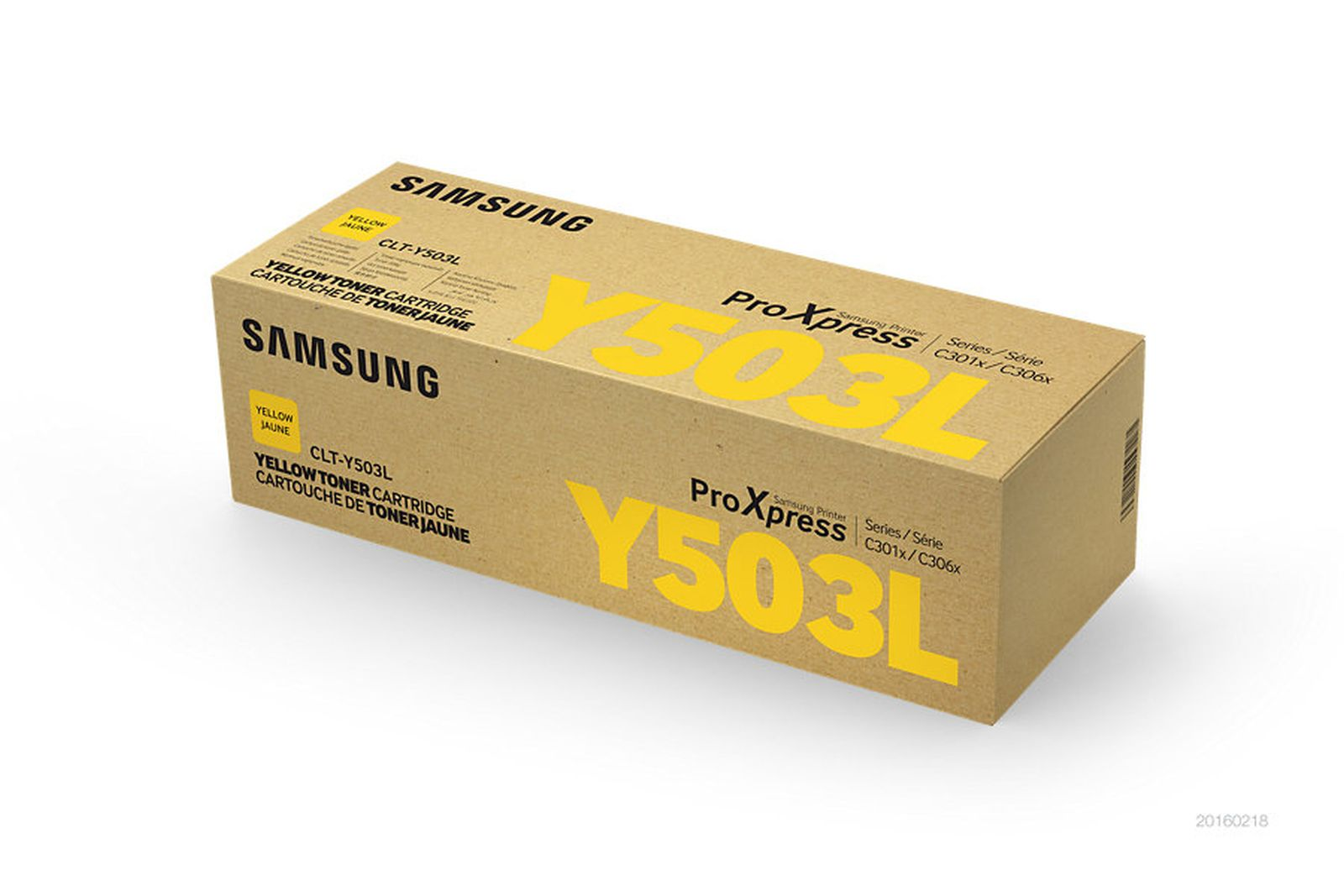 Una scatola di cartucce toner Samsung, gialla e marrone. Mostra 'Y503L' e 'ProXpress'. Lo sfondo è bianco.