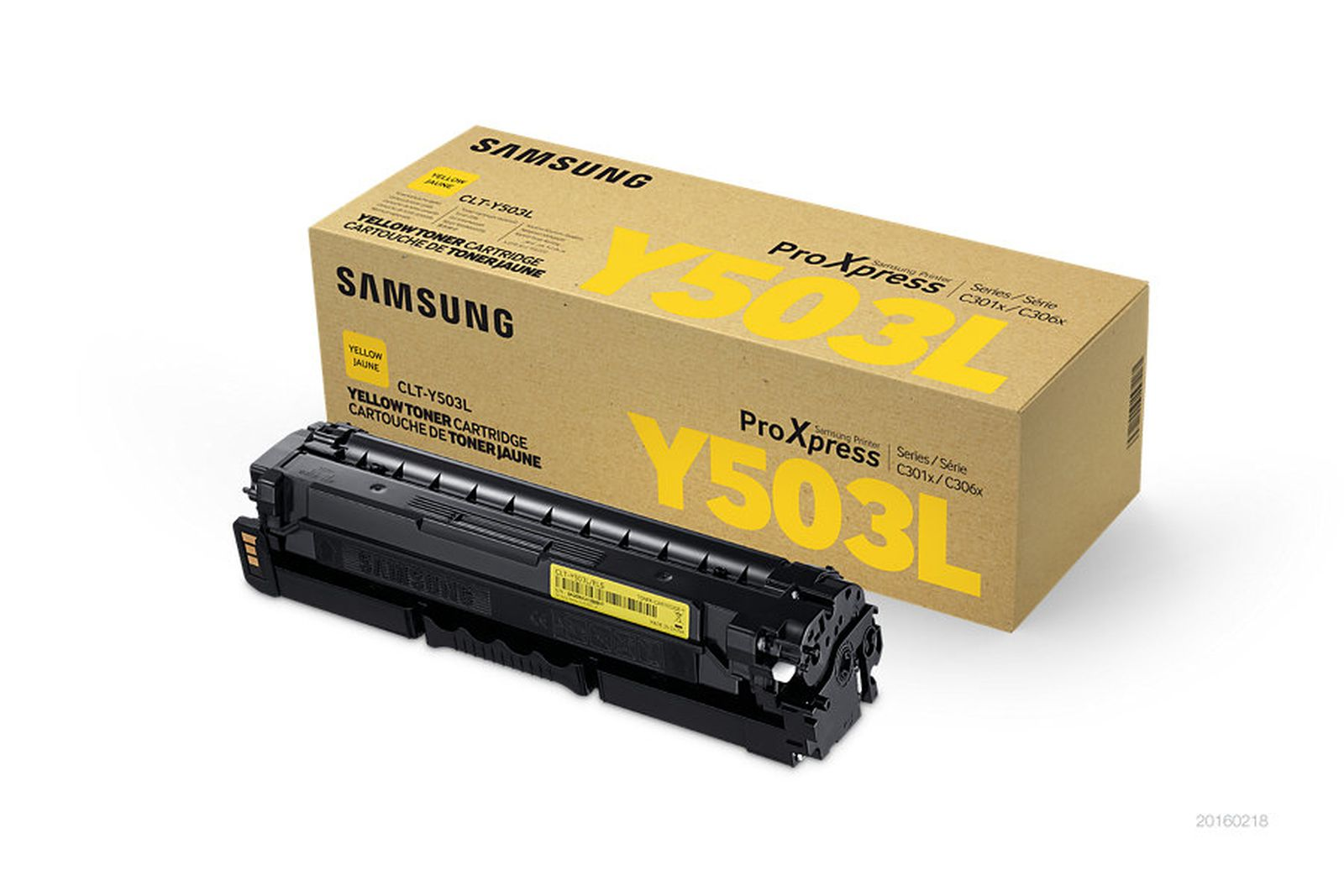 Una cartuccia toner gialla Samsung e la sua scatola. La cartuccia è nera, la scatola beige, con testo giallo.