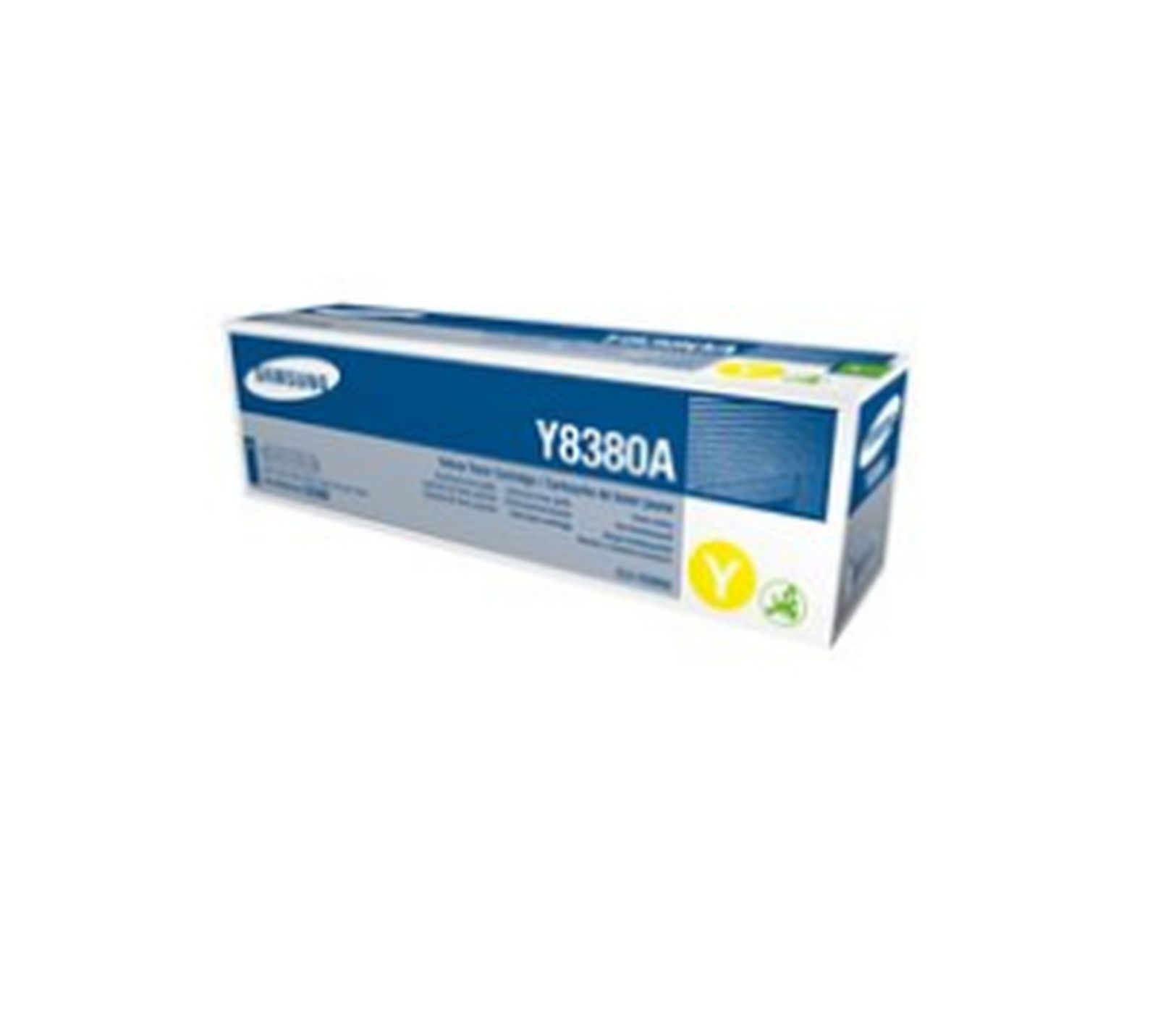 Pudełko z tonerem Samsung, model Y8380A. Pudełko jest białe, niebieskie i żółte, z logo Samsung i literą Y.