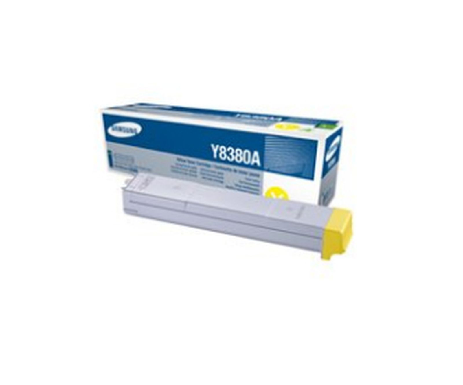 Kaseta z tonerem Samsung Y8380A i jej pudełko leżą na białej powierzchni. Pudełko jest niebiesko-białe.