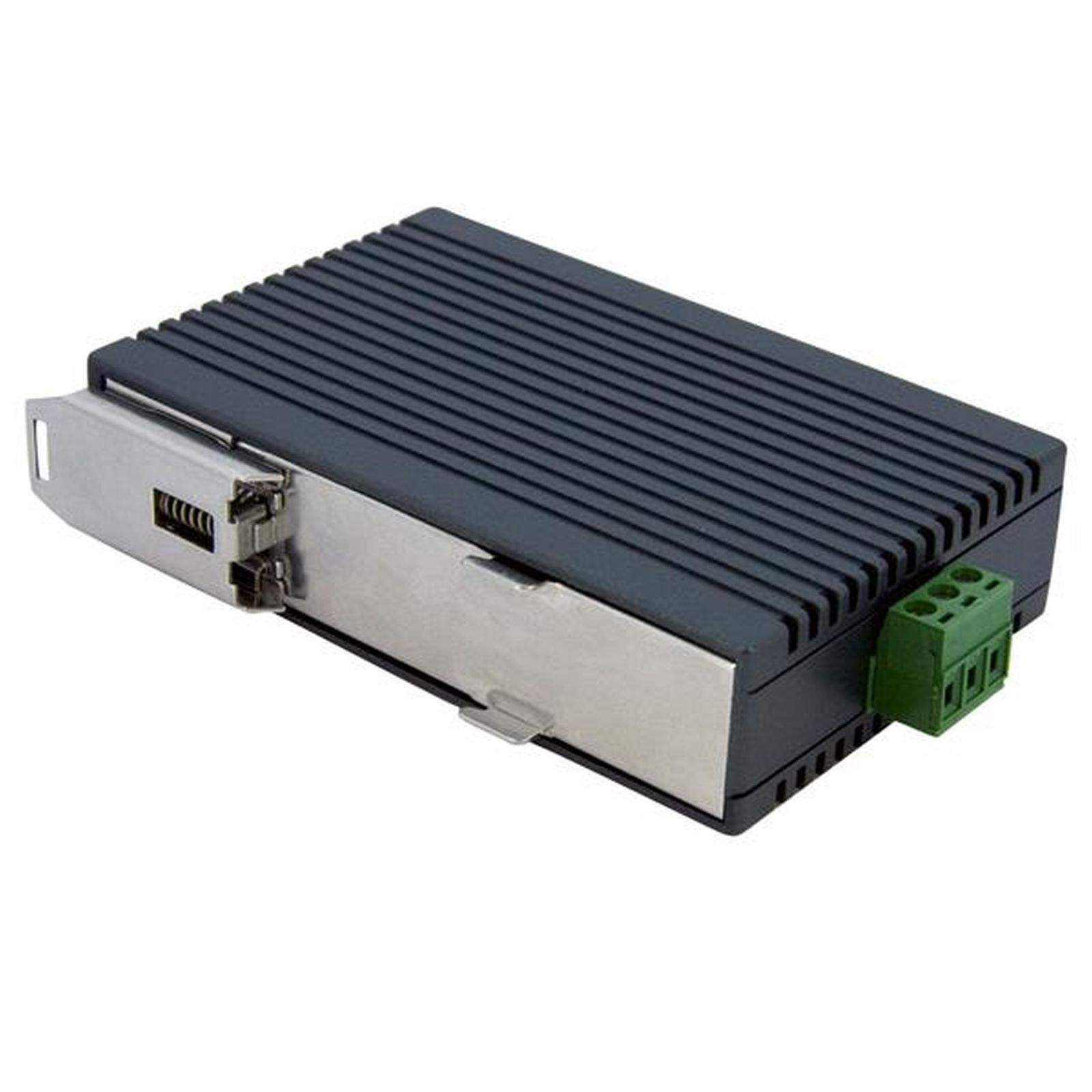 Un dispositivo elettronico grigio scuro con parte superiore a coste, staffa argentata e connettore verde.