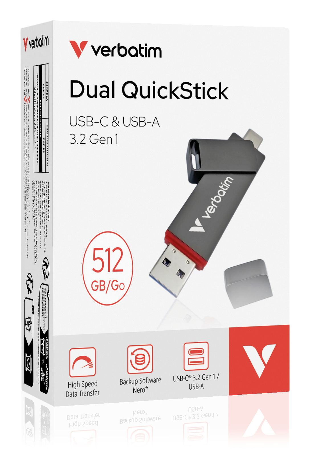 Pendrive USB Verbatim Dual QuickStick o pojemności 512 GB jest prezentowany na opakowaniu.