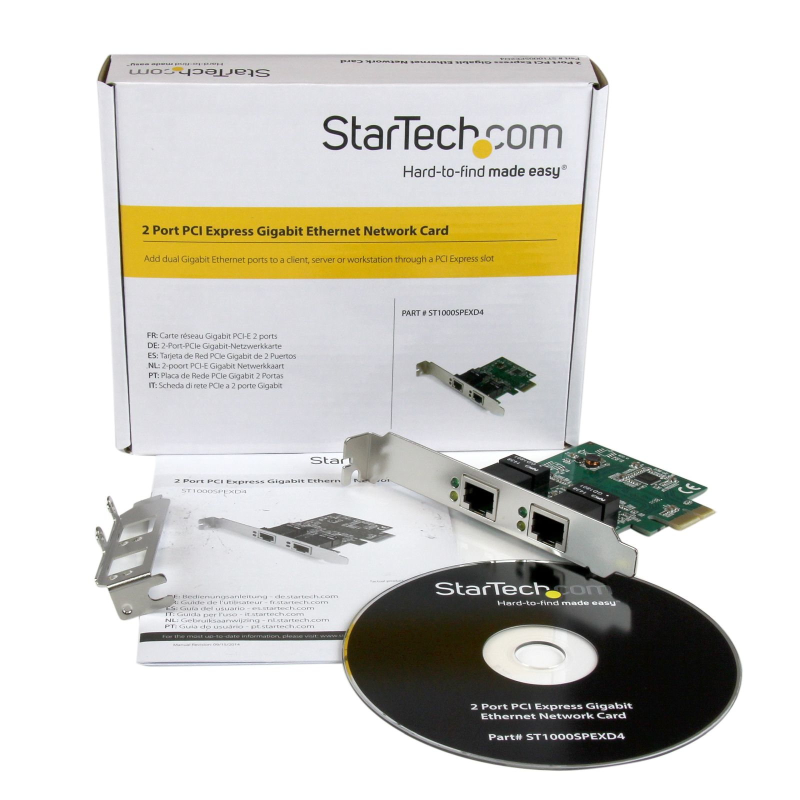 Una caja con una tarjeta de red, un CD y algunos accesorios. La caja tiene el logotipo de StarTech.com e información del producto.