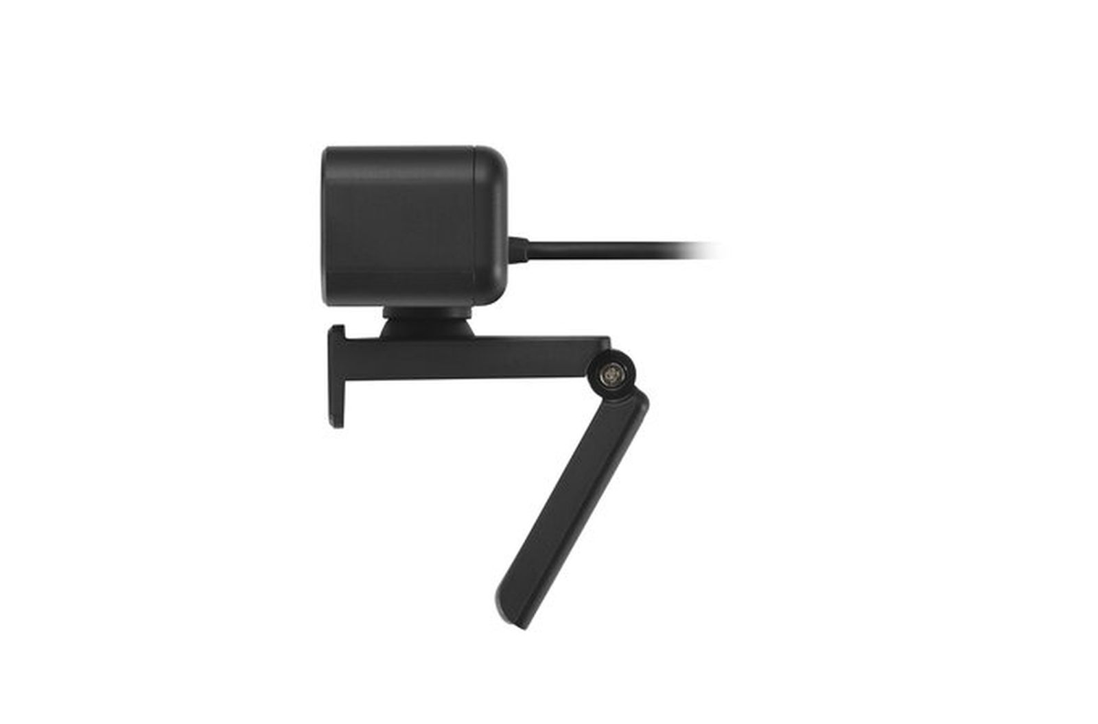 Czarna kamera internetowa z prostokątnym korpusem, regulowanym stojakiem i kablem na białym tle.