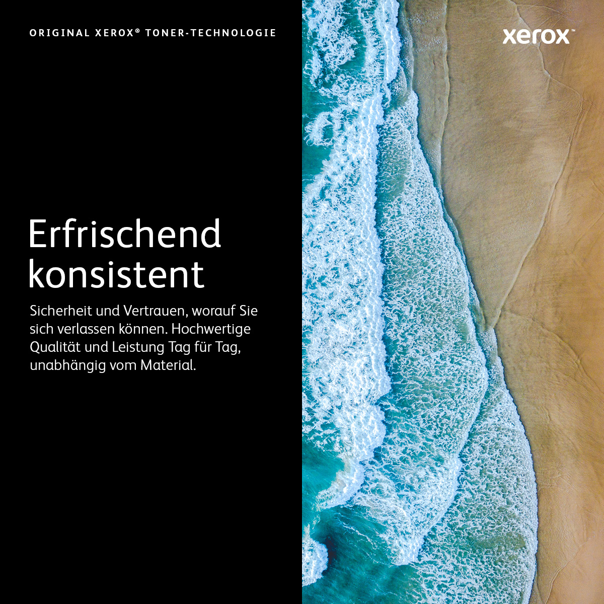 L'immagine mostra una spiaggia con onde e testo a sinistra. Il testo dice "Erfrischend konsistent" in bianco.