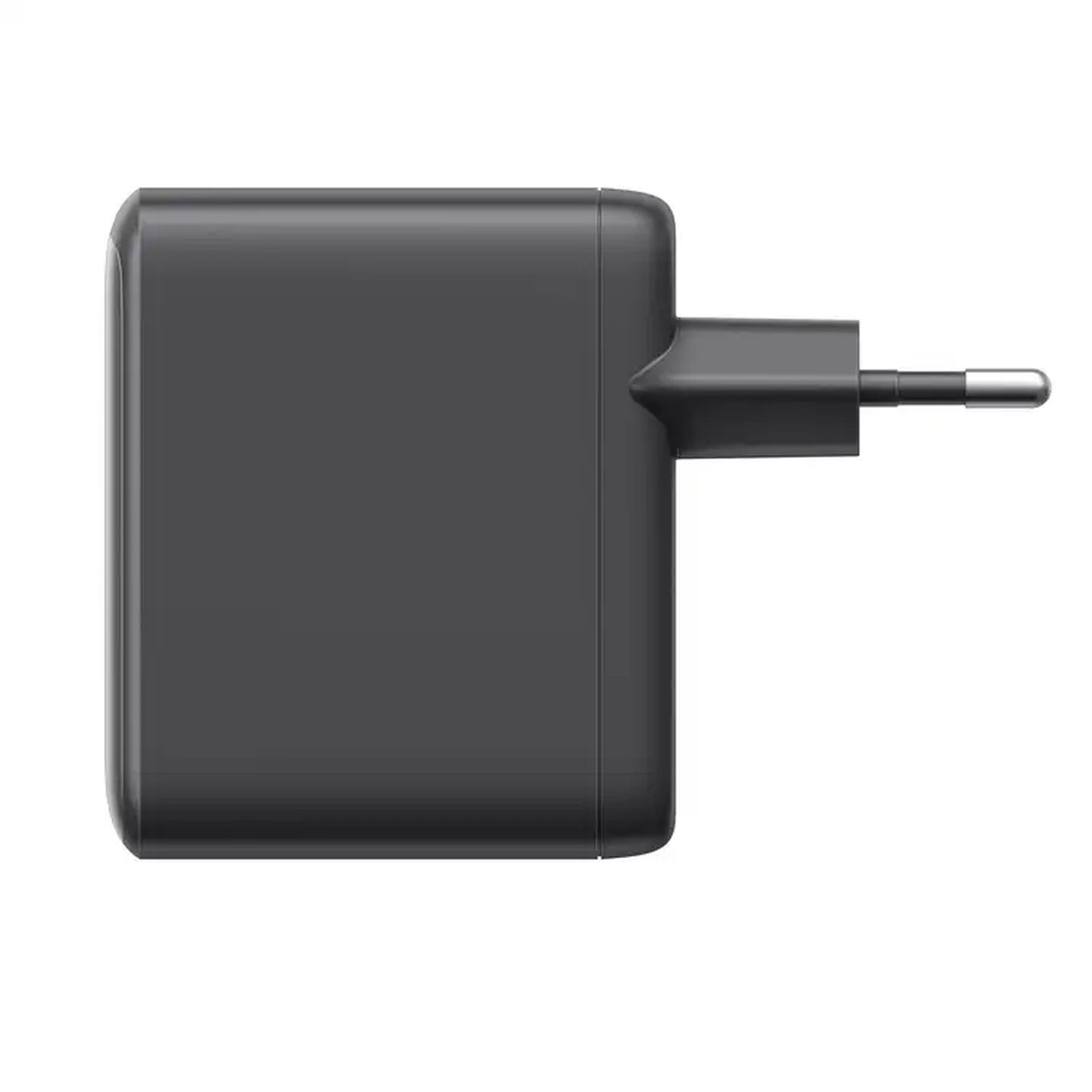 Un adaptador de corriente gris oscuro con un enchufe en el lado derecho. El enchufe tiene una punta plateada.