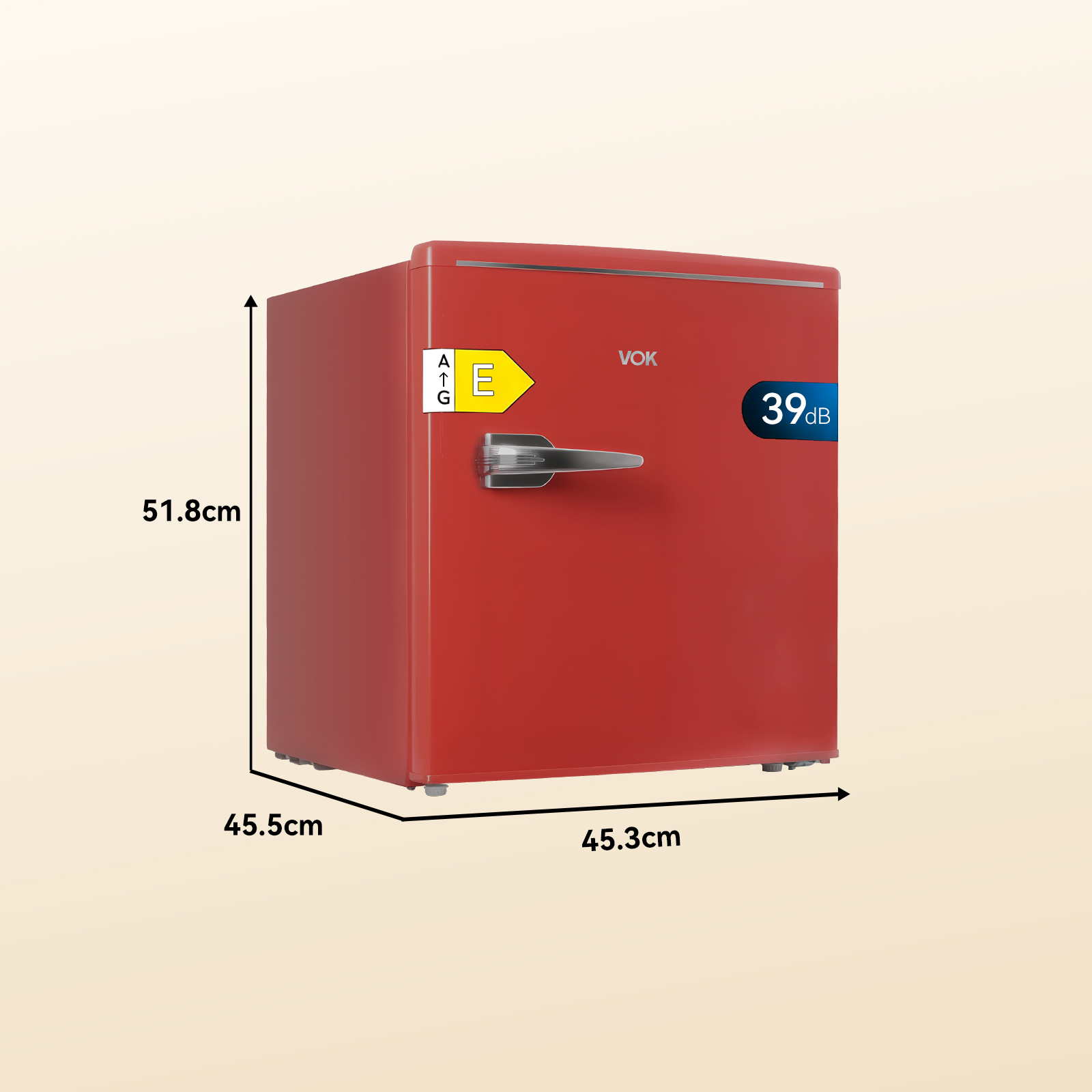Mini-nevera roja con dimensiones. Cuenta con etiqueta energética, asa y 39dB. La marca Vok es visible.