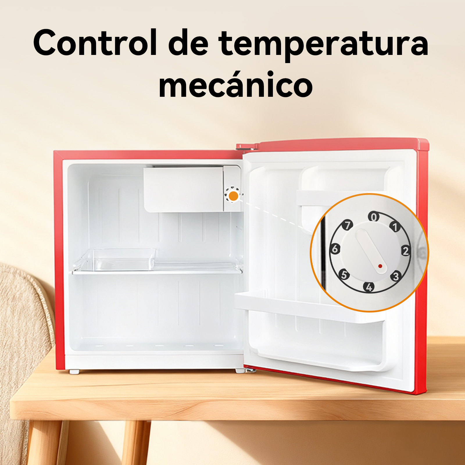 Un mini-refrigerador rojo con la puerta abierta, mostrando el interior y un dial de control de temperatura.