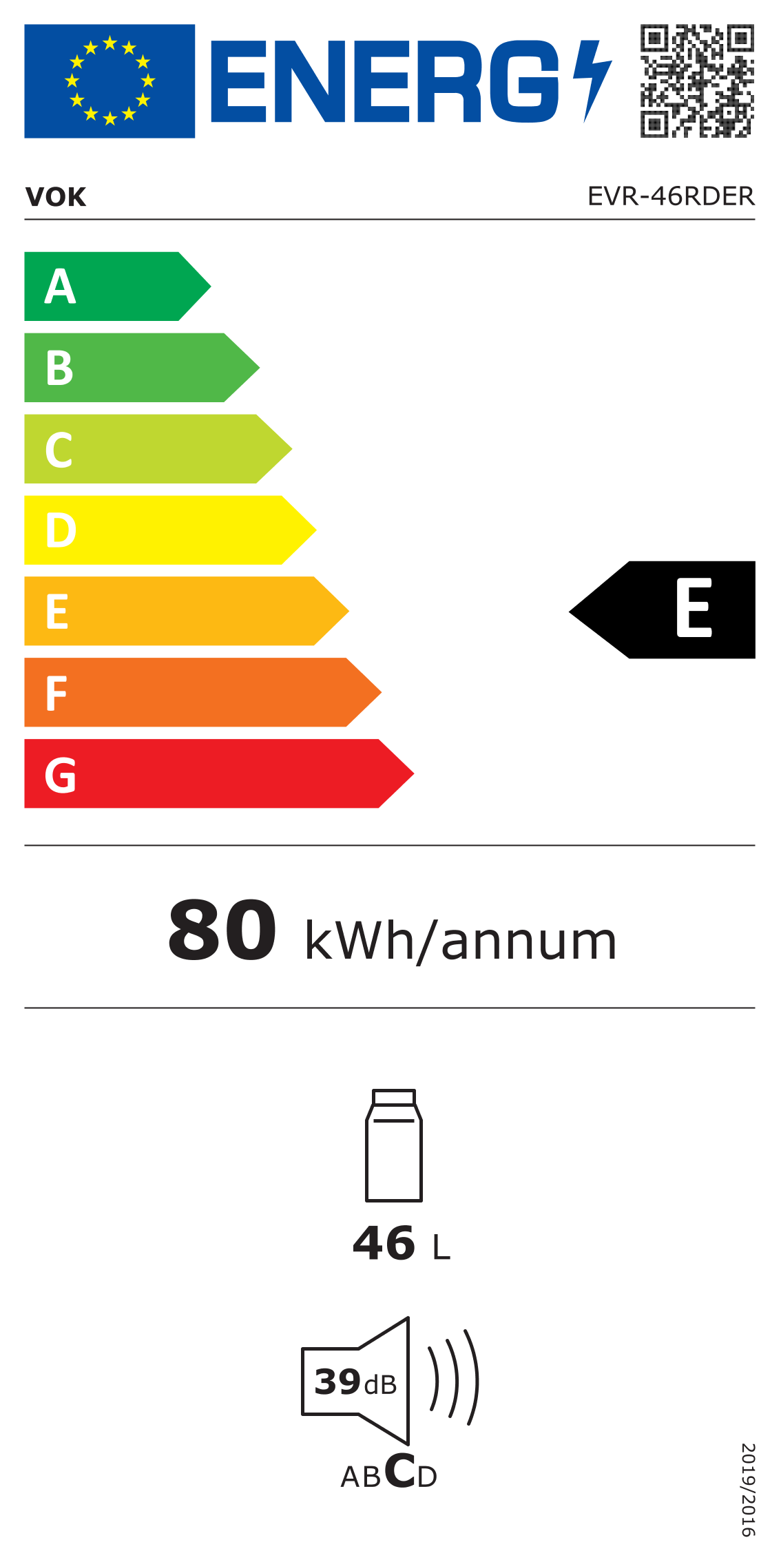 Etiqueta energética de un frigorífico. Muestra la clasificación energética 'E', 80 kWh/año y 46L. Incluye un nivel sonoro de 39dB, clase C.