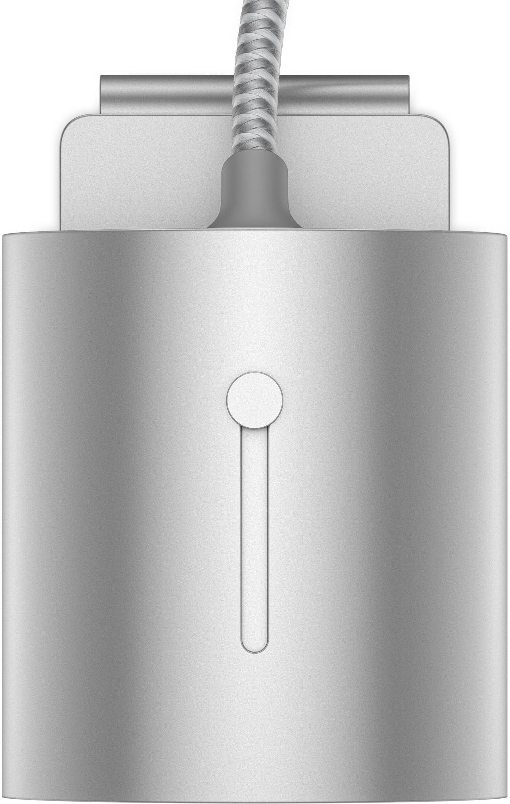 Zbliżenie srebrnego adaptera ładowania z podłączonym białym i srebrnym kablem.