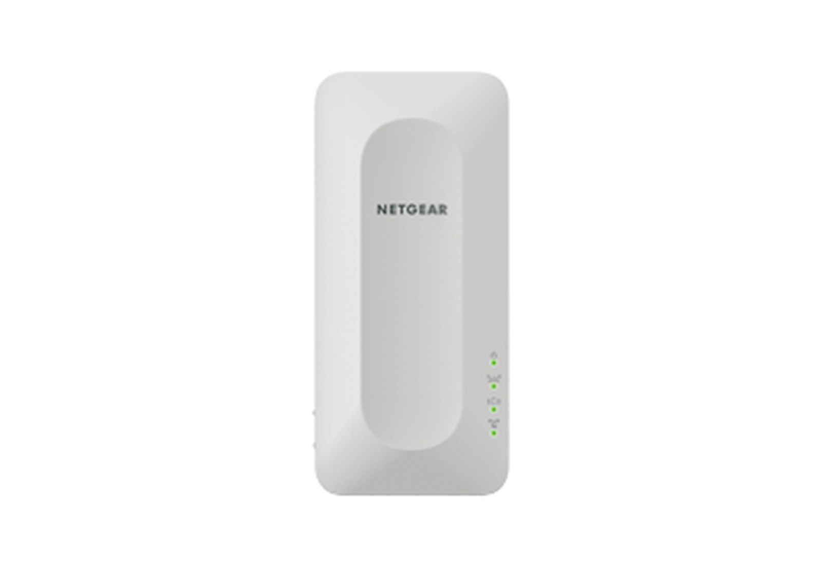 Ein weißer Netgear-Zugangspunkt. Er hat eine abgerundete rechteckige Form. Das Wort NETGEAR ist auf der Vorderseite aufgedruckt. Hat vier kleine grüne Lichter.