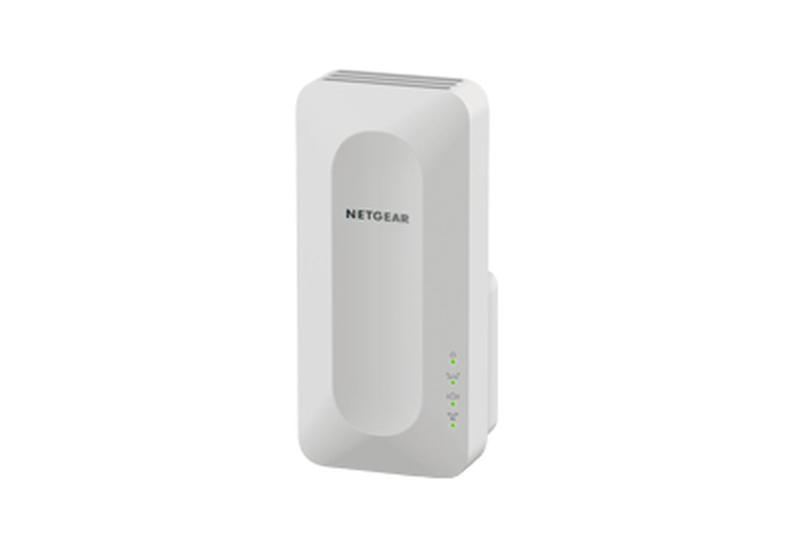 Ein weißer Netgear WLAN-Extender mit Kontrollleuchten. Das Gerät ist rechteckig mit abgerundeten Kanten.