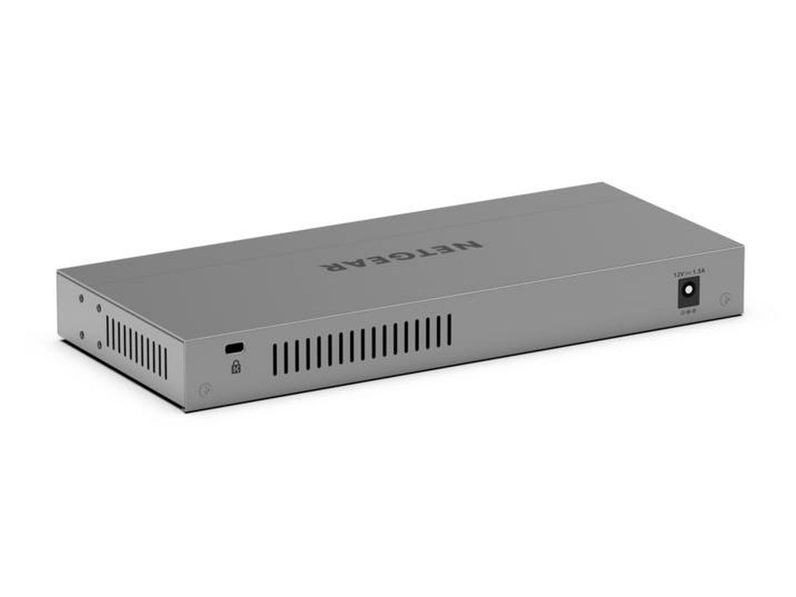 Ein silberner Netgear-Netzwerk-Switch. Er hat mehrere Anschlüsse und Lüftungsschlitze. Der Markenname steht oben.