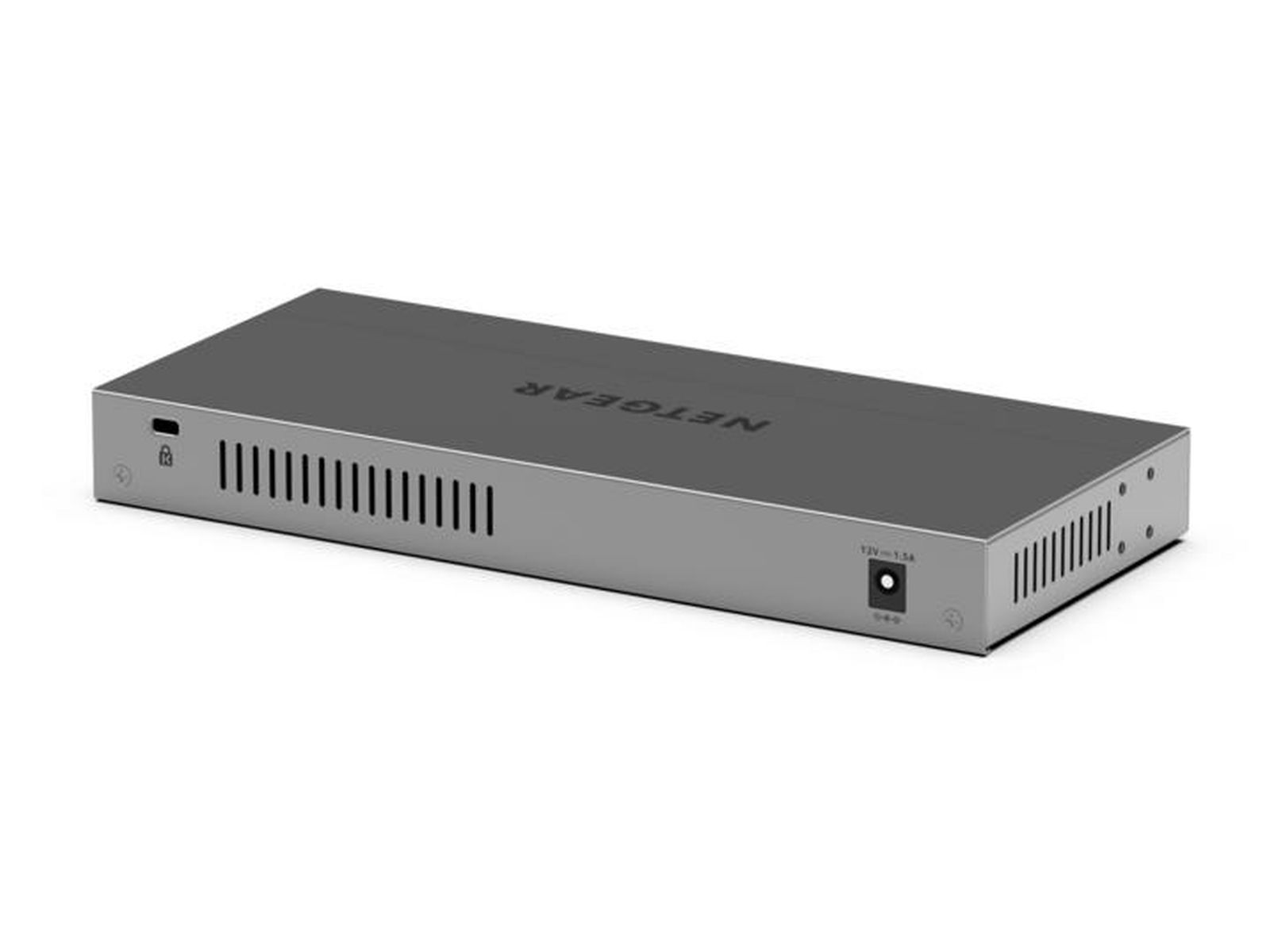Ein grauer Netgear-Netzwerk-Switch auf weißem Untergrund. Er hat Lüftungsschlitze, einen Stromanschluss und das Netgear-Logo.