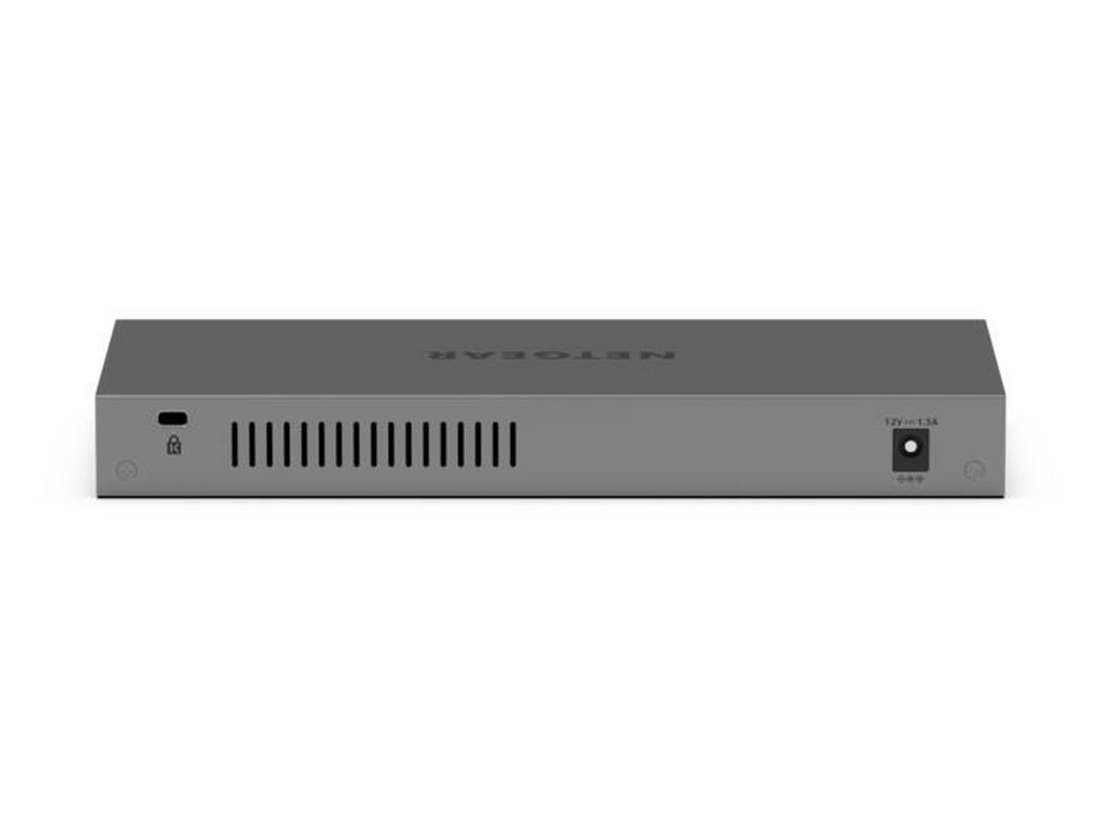 Ein grauer Netzwerk-Switch mit dem Wort NETGEAR oben. Er hat Anschlüsse, einen Stromeingang und ein Schloss-Symbol.