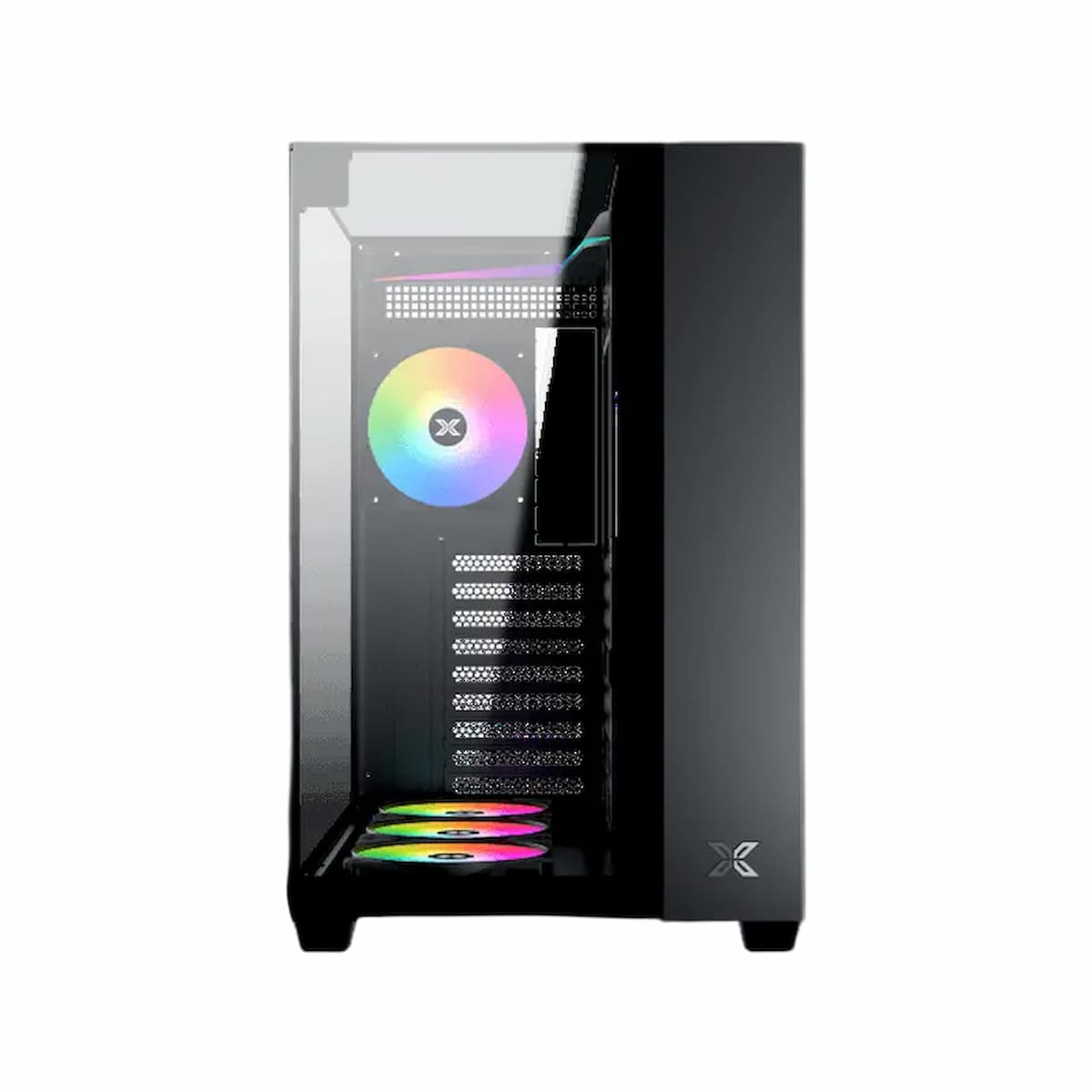 Un case per computer nero con un pannello laterale in vetro. Ha diverse ventole con luci colorate e un logo.